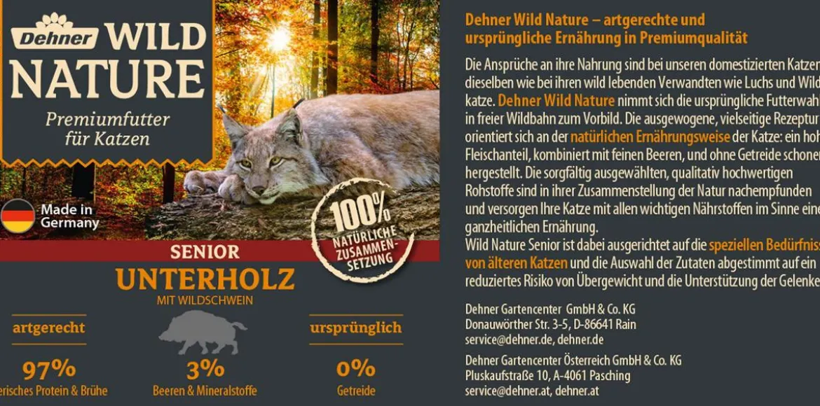 Dehner Wild Nature Nassfutter für Katzen Unterholz Senior, Wildschwein, 6 x 200 g/400 g
