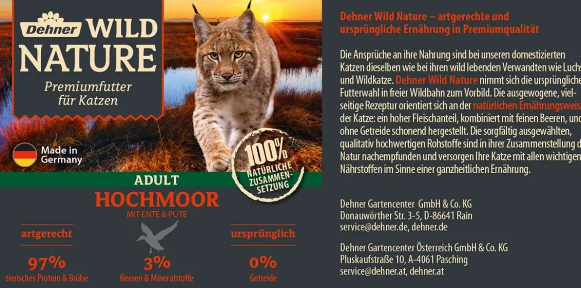 Dehner Wild Nature Nassfutter für Katzen Hochmoor Adult, Ente & Pute, 6 x 200 g/400 g
