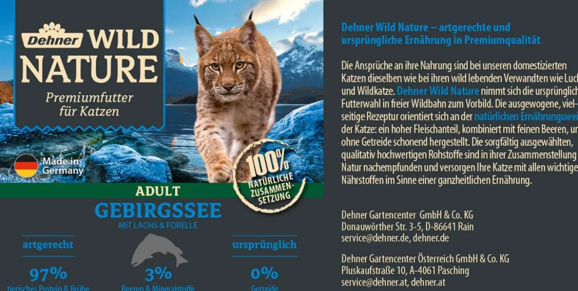 Dehner Wild Nature Nassfutter für Katzen Gebirgssee Adult, Lachs & Forelle, 6 x 200 g/400 g