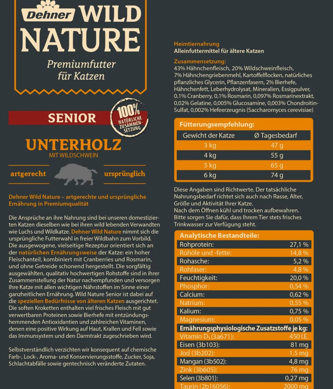 Dehner Wild Nature Trockenfutter für Katzen Unterholz Senior, Wildschwein