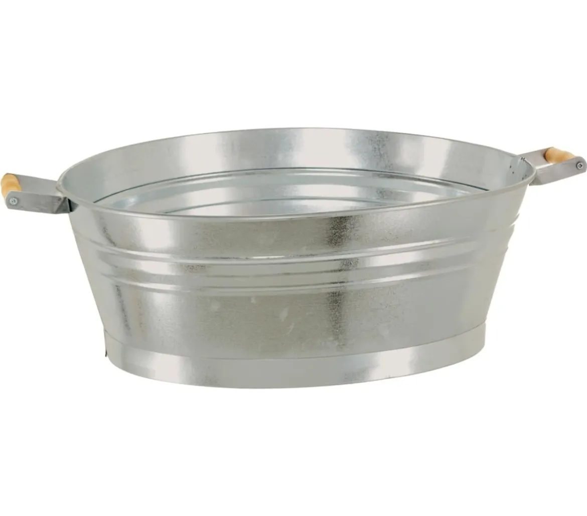 Dehner Zink-Wanne mit Holzgriffen, oval, silber, ca. B55/H19/T42 cm
