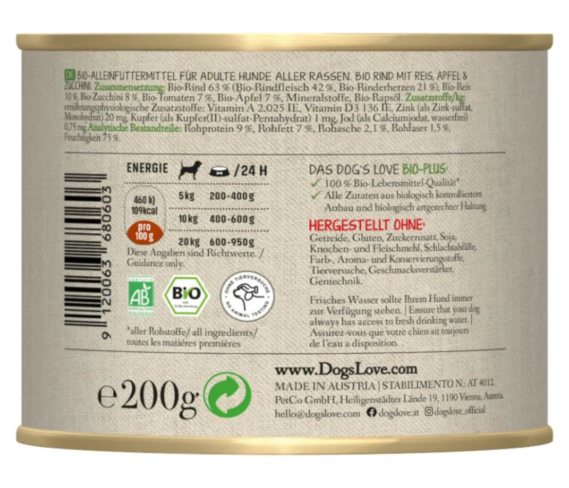 DOG'S LOVE Nassfutter für Hunde Bio, 6 x 200 g