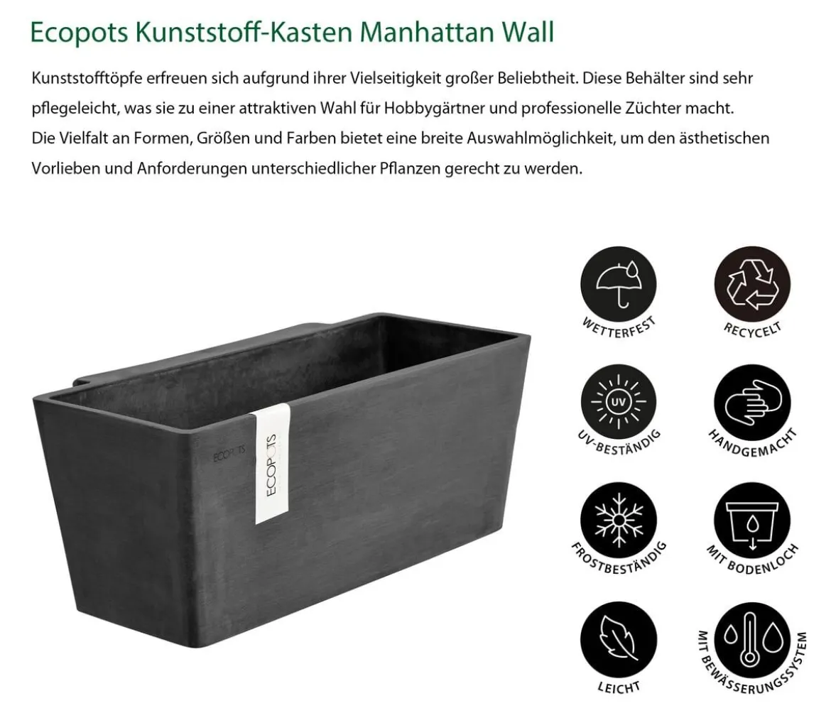 Ecopots Kunststoff-Kasten Manhattan Wall mit Wassersystem, rechteckig
