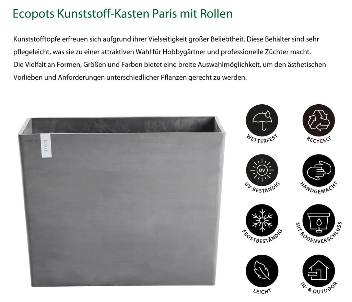 Ecopots Kunststoff-Kasten Paris mit Rollen, rechteckig