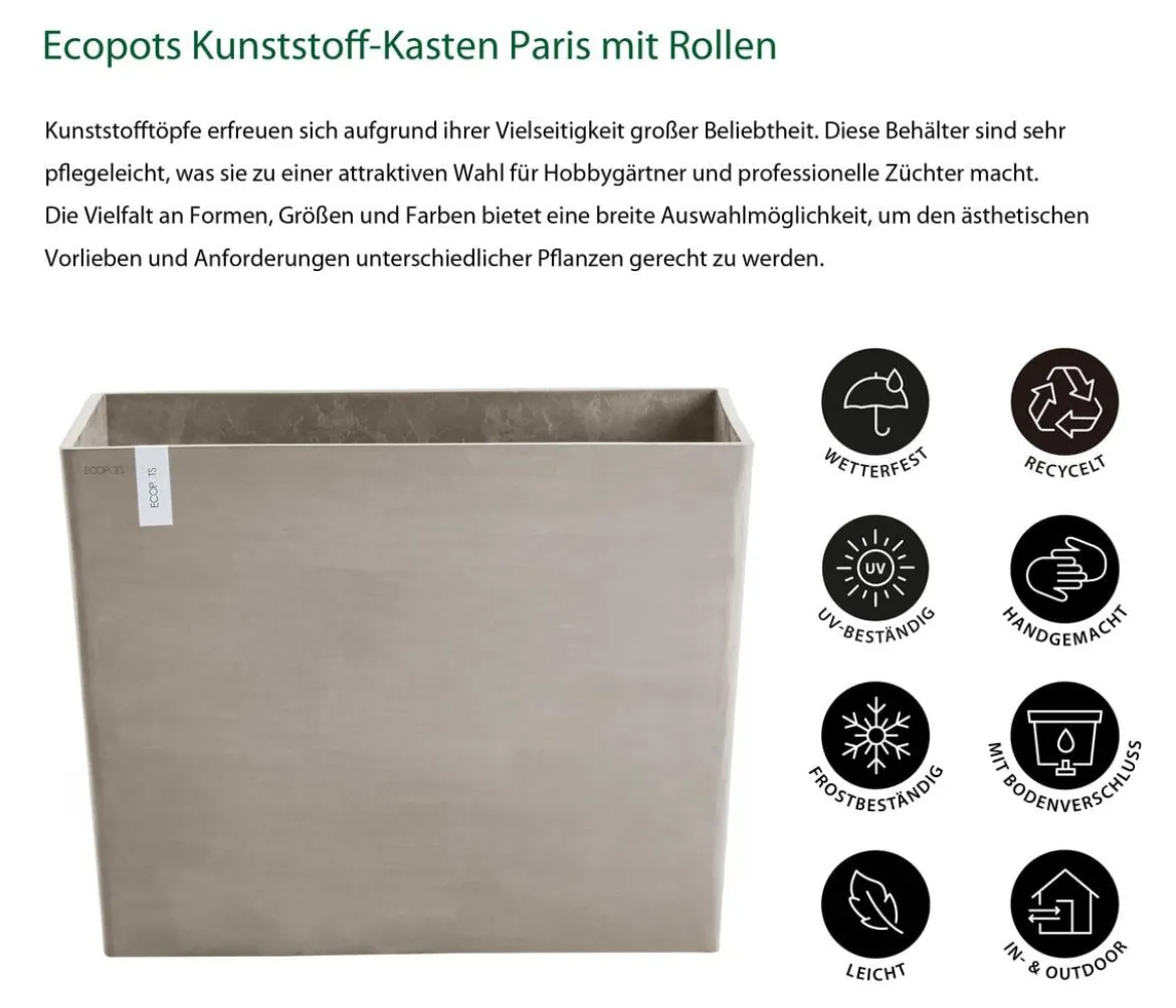 Ecopots Kunststoff-Kasten Paris mit Rollen, rechteckig