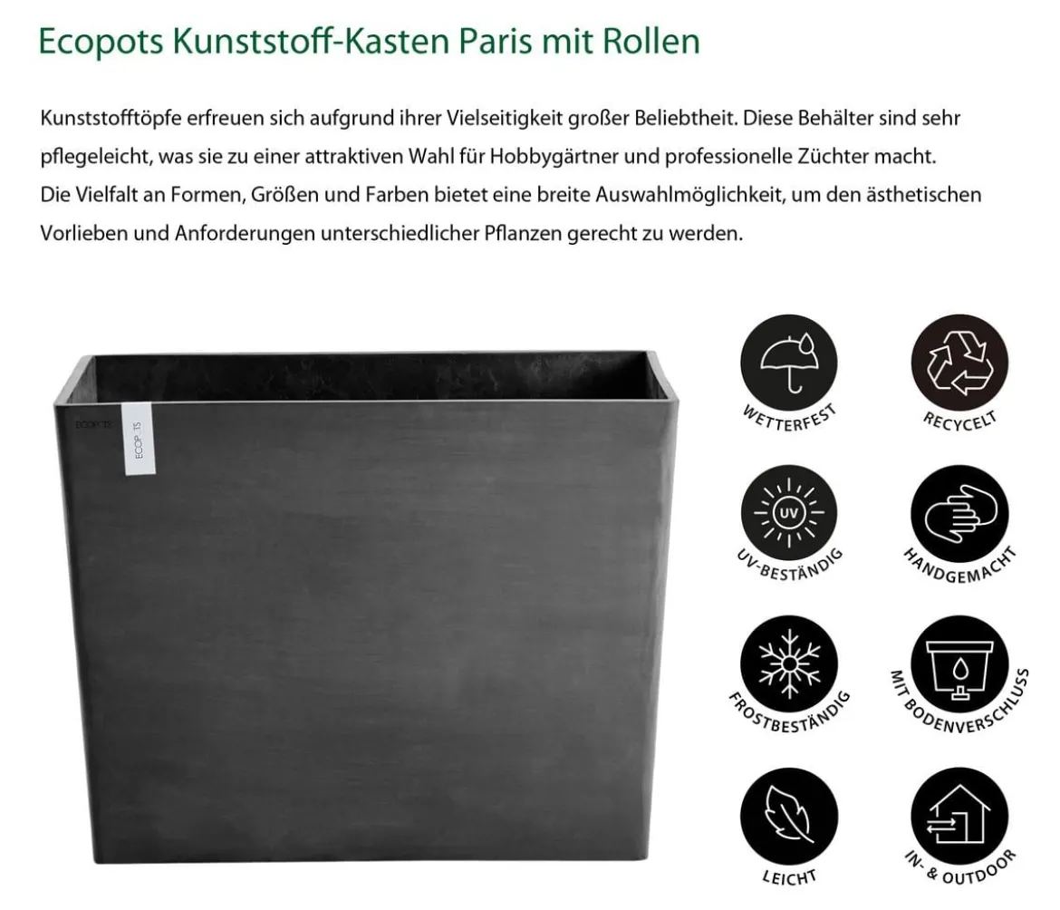Ecopots Kunststoff-Kasten Paris mit Rollen, rechteckig