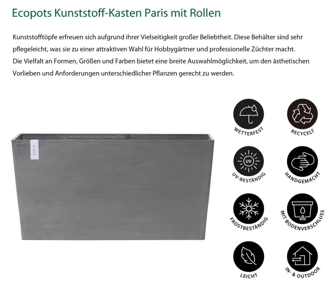 Ecopots Kunststoff-Kasten Paris mit Rollen, rechteckig