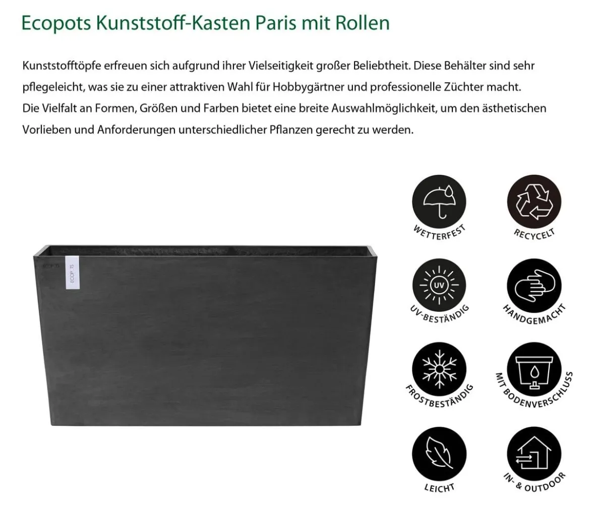 Ecopots Kunststoff-Kasten Paris mit Rollen, rechteckig