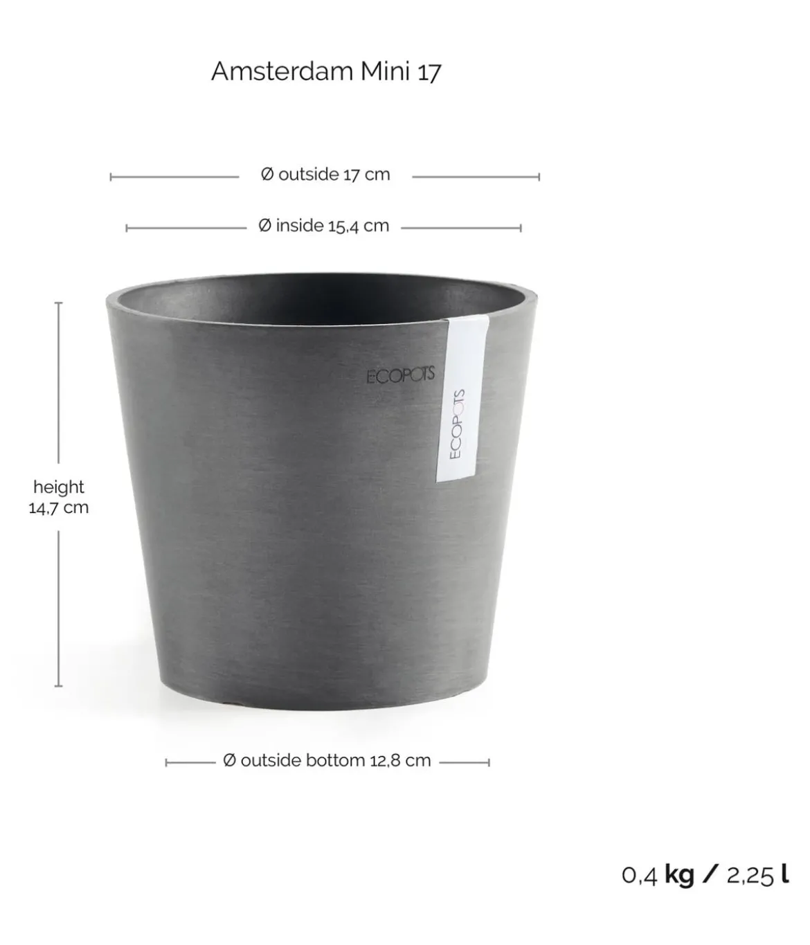 Ecopots Kunststoff-Topf Amsterdam Mini, rund, ca. Ø17/H14,7 cm