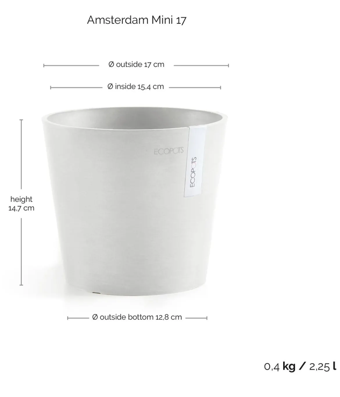 Ecopots Kunststoff-Topf Amsterdam Mini, rund, ca. Ø17/H14,7 cm