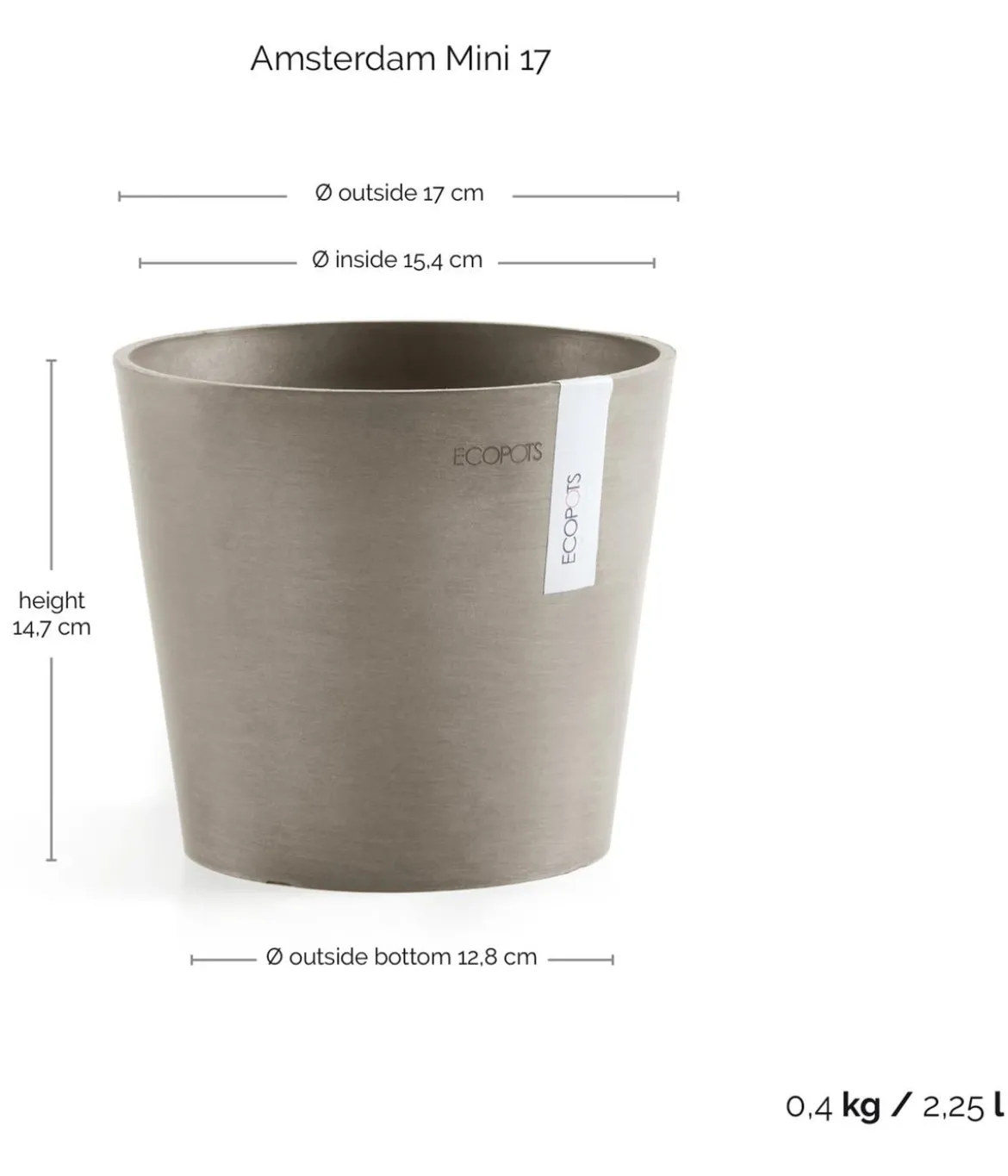 Ecopots Kunststoff-Topf Amsterdam Mini, rund, ca. Ø17/H14,7 cm