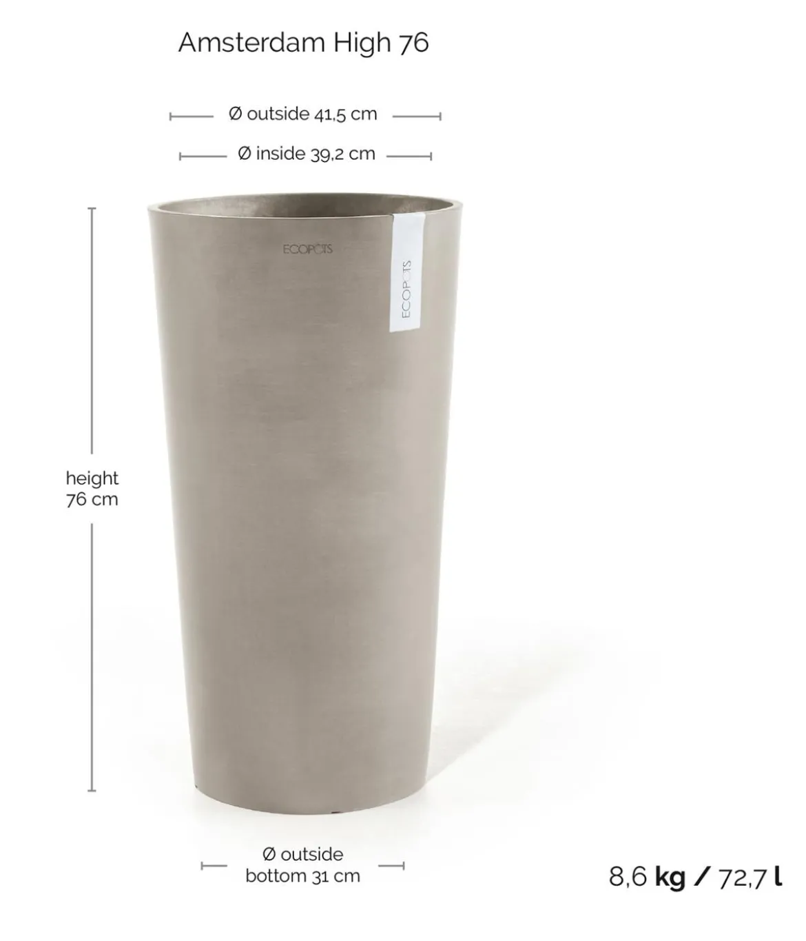 Ecopots Kunststoff-Topf Amsterdam hoch, rund