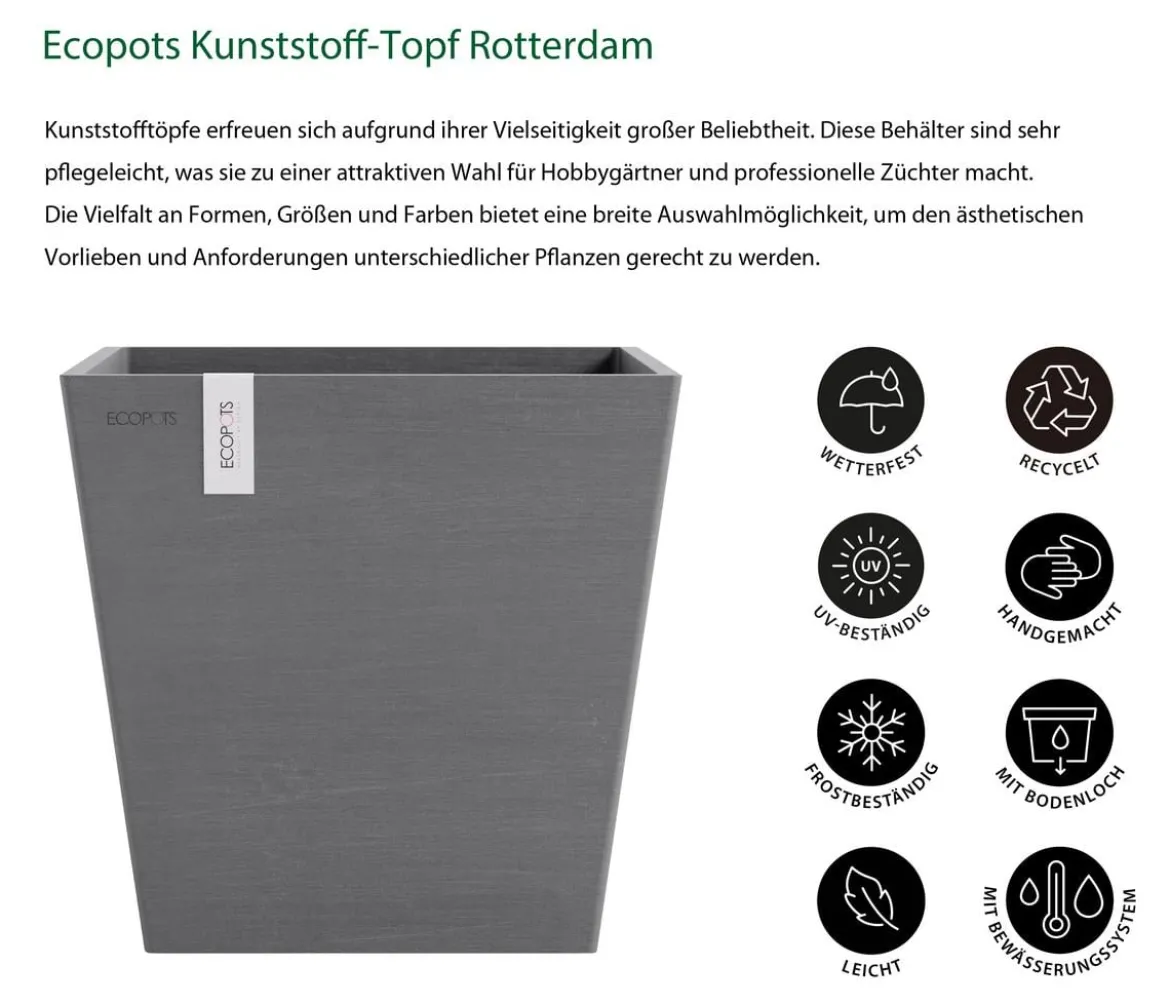 Ecopots Kunststoff-Topf Rotterdam mit Wassersystem, quadratisch