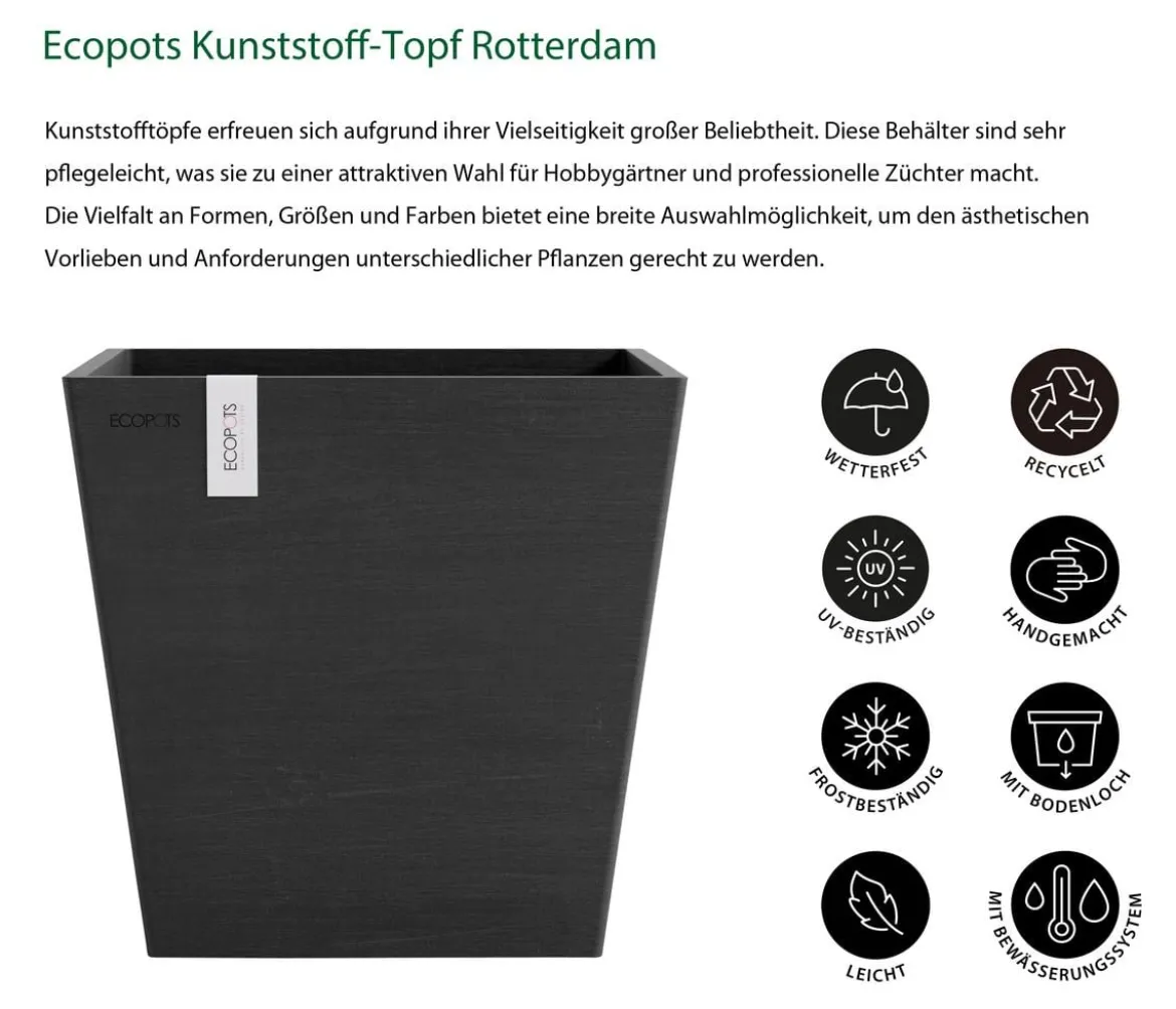 Ecopots Kunststoff-Topf Rotterdam mit Wassersystem, quadratisch