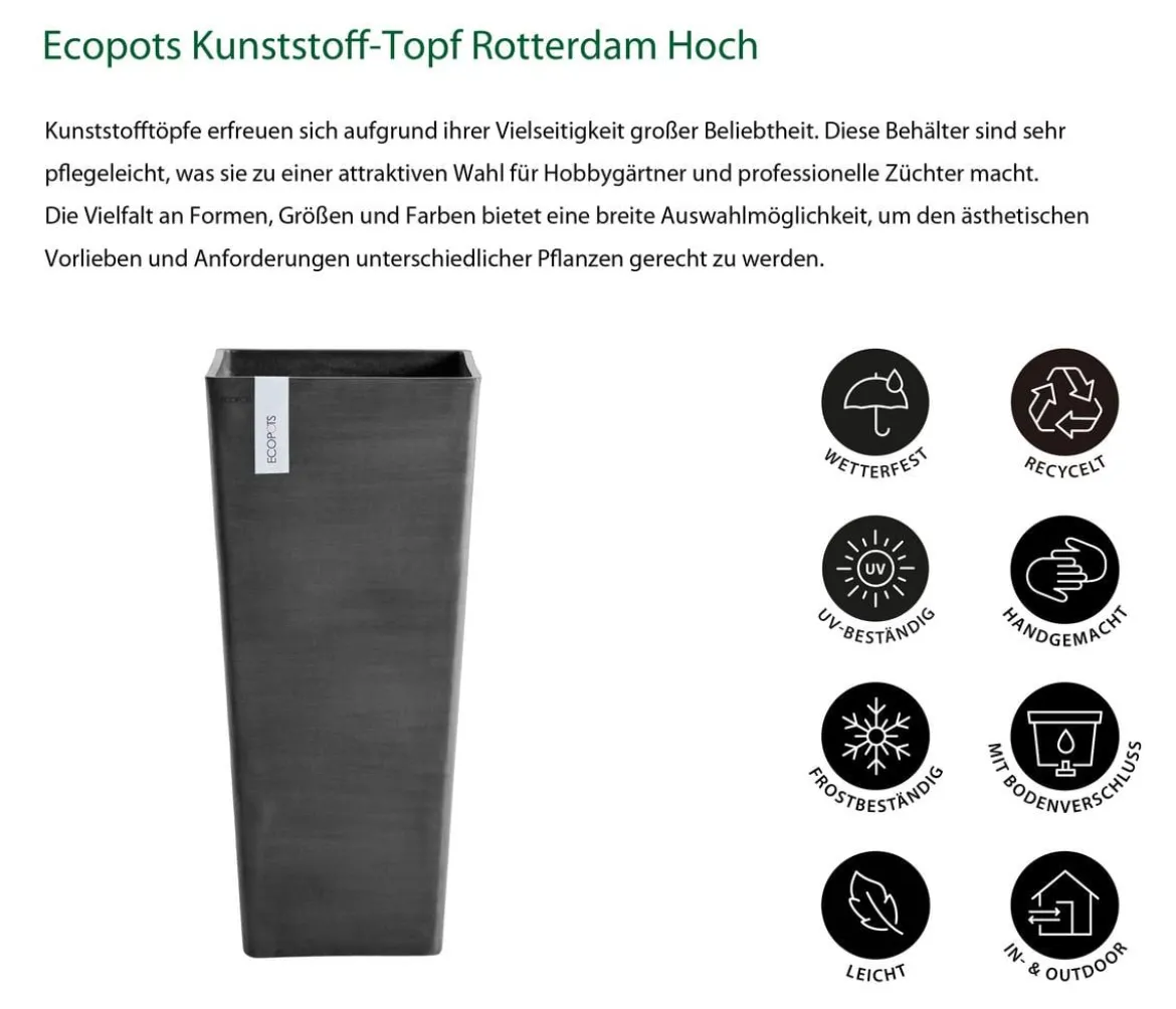 Ecopots Kunststoff-Topf Rotterdam Hoch, quadratisch