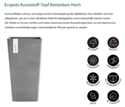 Ecopots Kunststoff-Topf Rotterdam Hoch, quadratisch