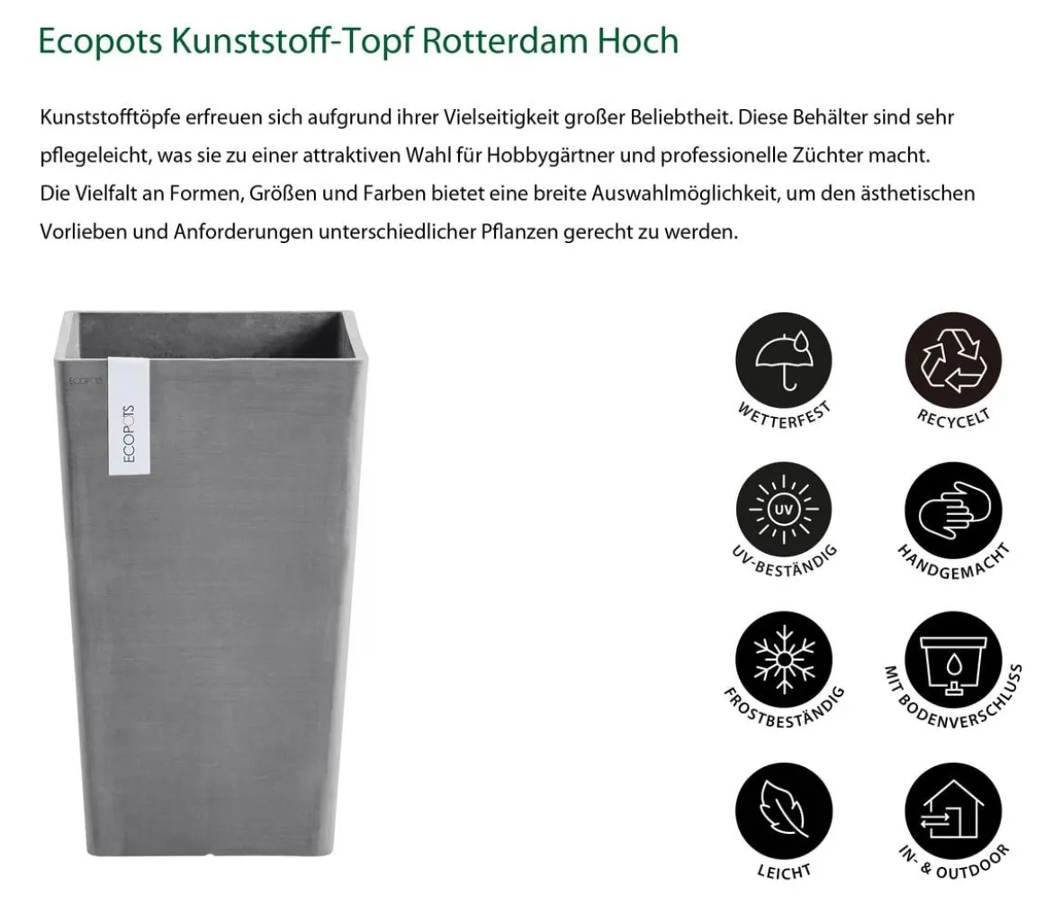 Ecopots Kunststoff-Topf Rotterdam Hoch, quadratisch
