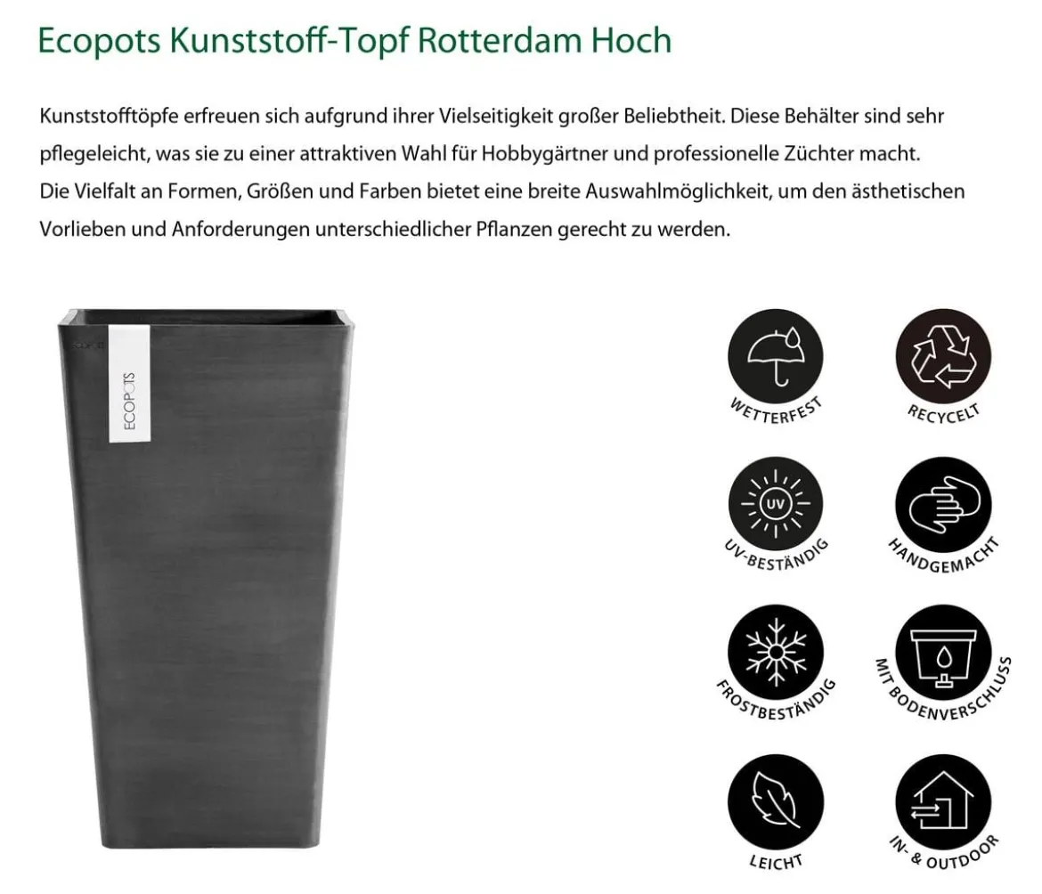 Ecopots Kunststoff-Topf Rotterdam Hoch, quadratisch