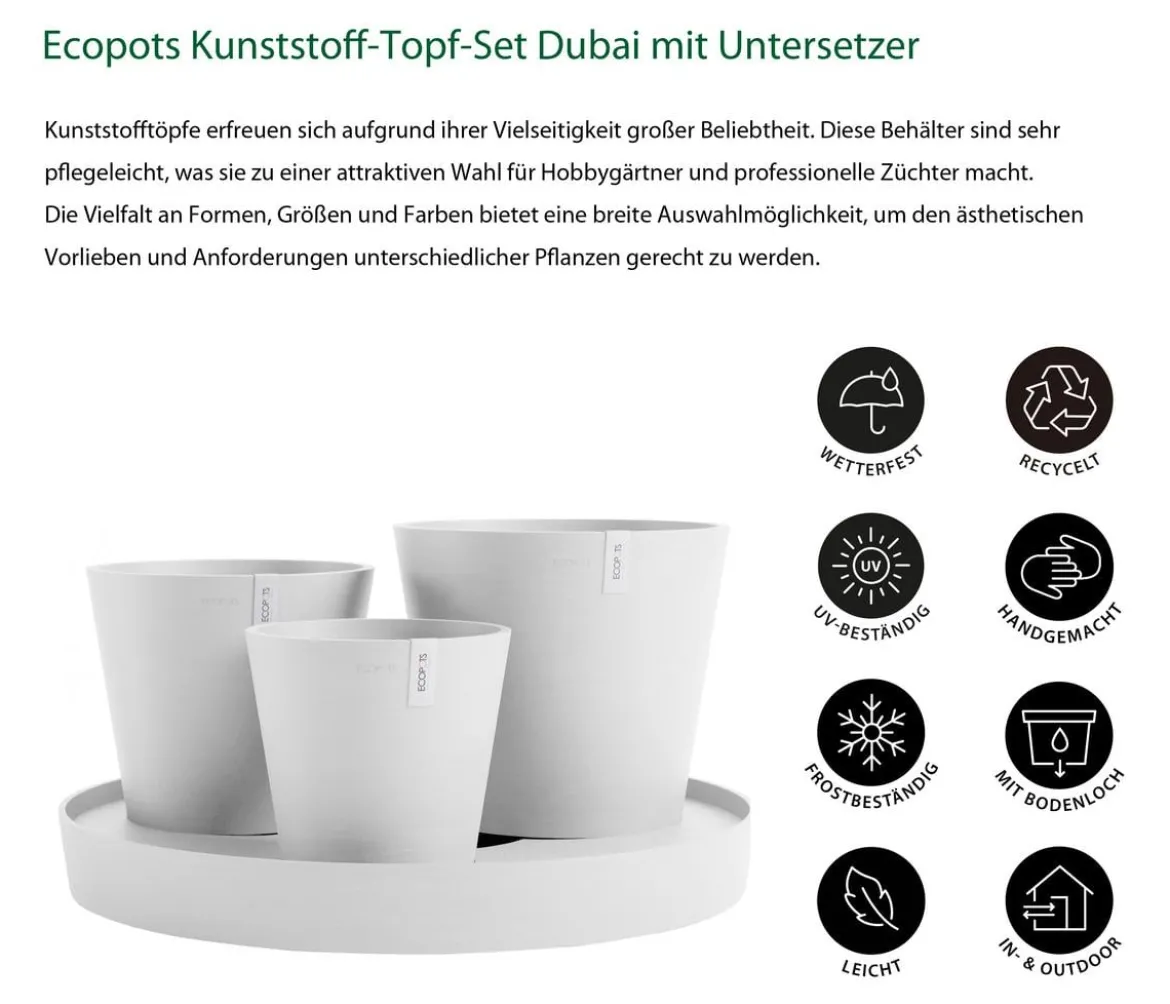 Ecopots Kunststoff-Topf-Set Dubai mit Untersetzer, 4-teilig