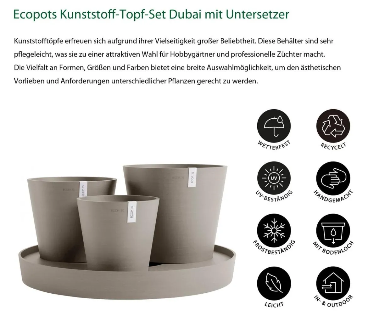 Ecopots Kunststoff-Topf-Set Dubai mit Untersetzer, 4-teilig