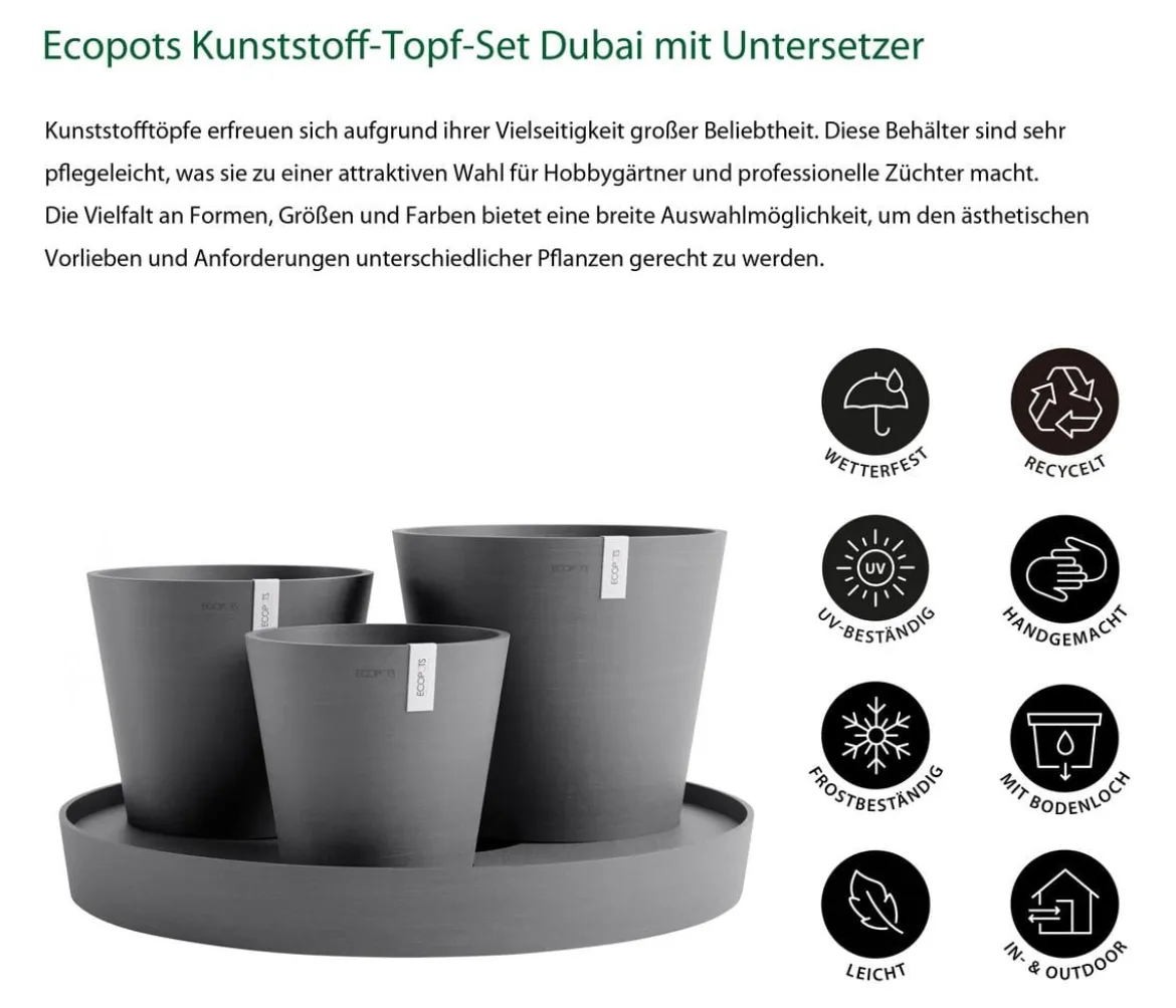 Ecopots Kunststoff-Topf-Set Dubai mit Untersetzer, 4-teilig