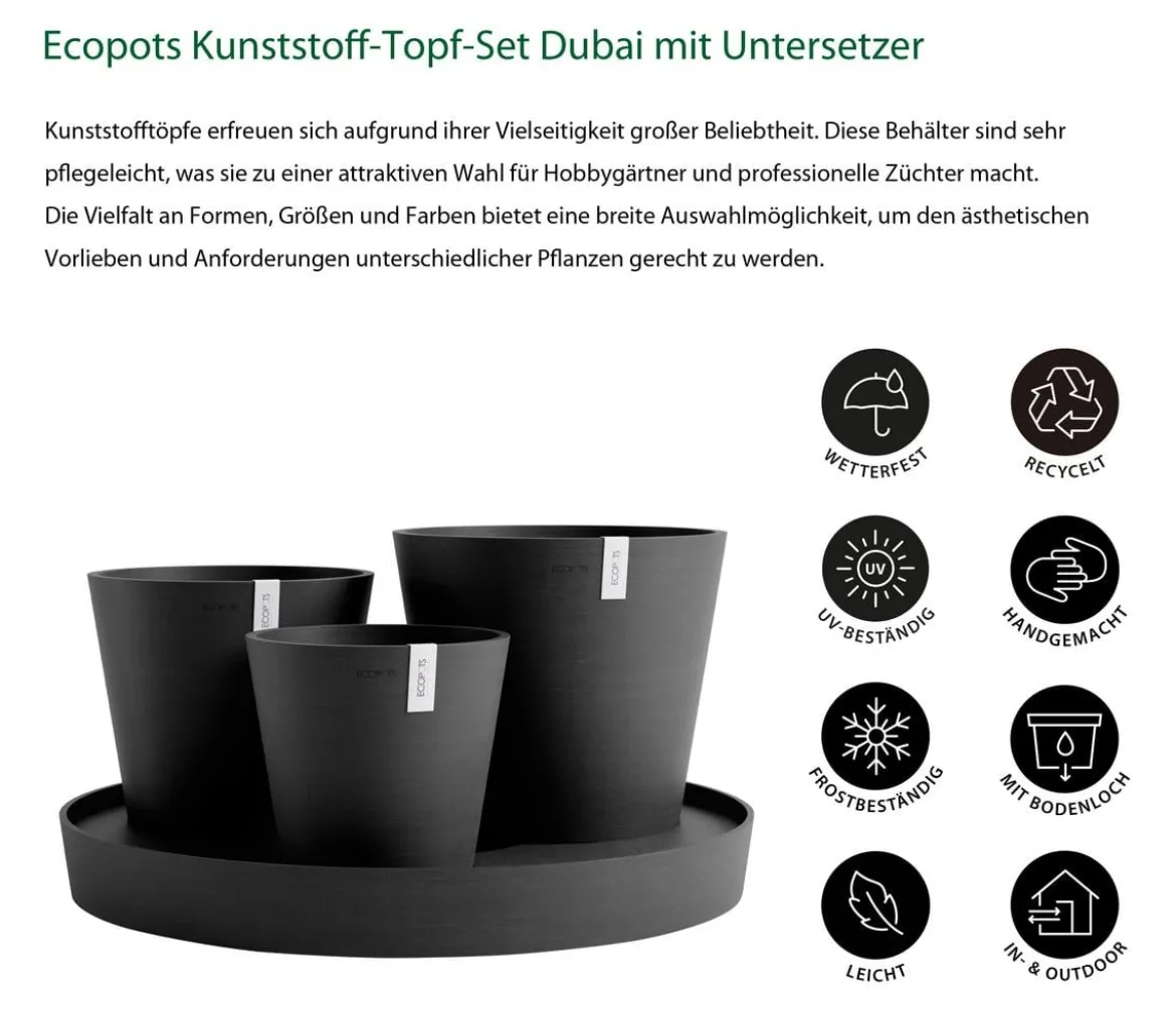 Ecopots Kunststoff-Topf-Set Dubai mit Untersetzer, 4-teilig