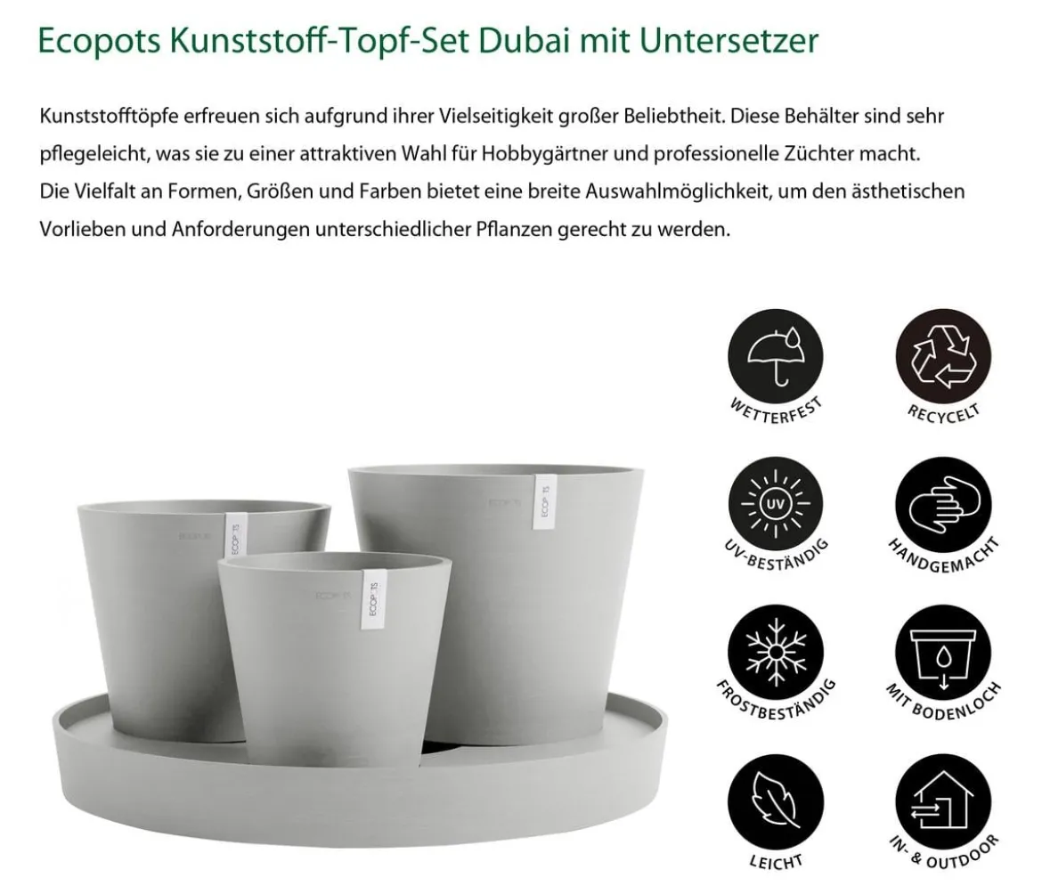 Ecopots Kunststoff-Topf-Set Dubai mit Untersetzer, 4-teilig