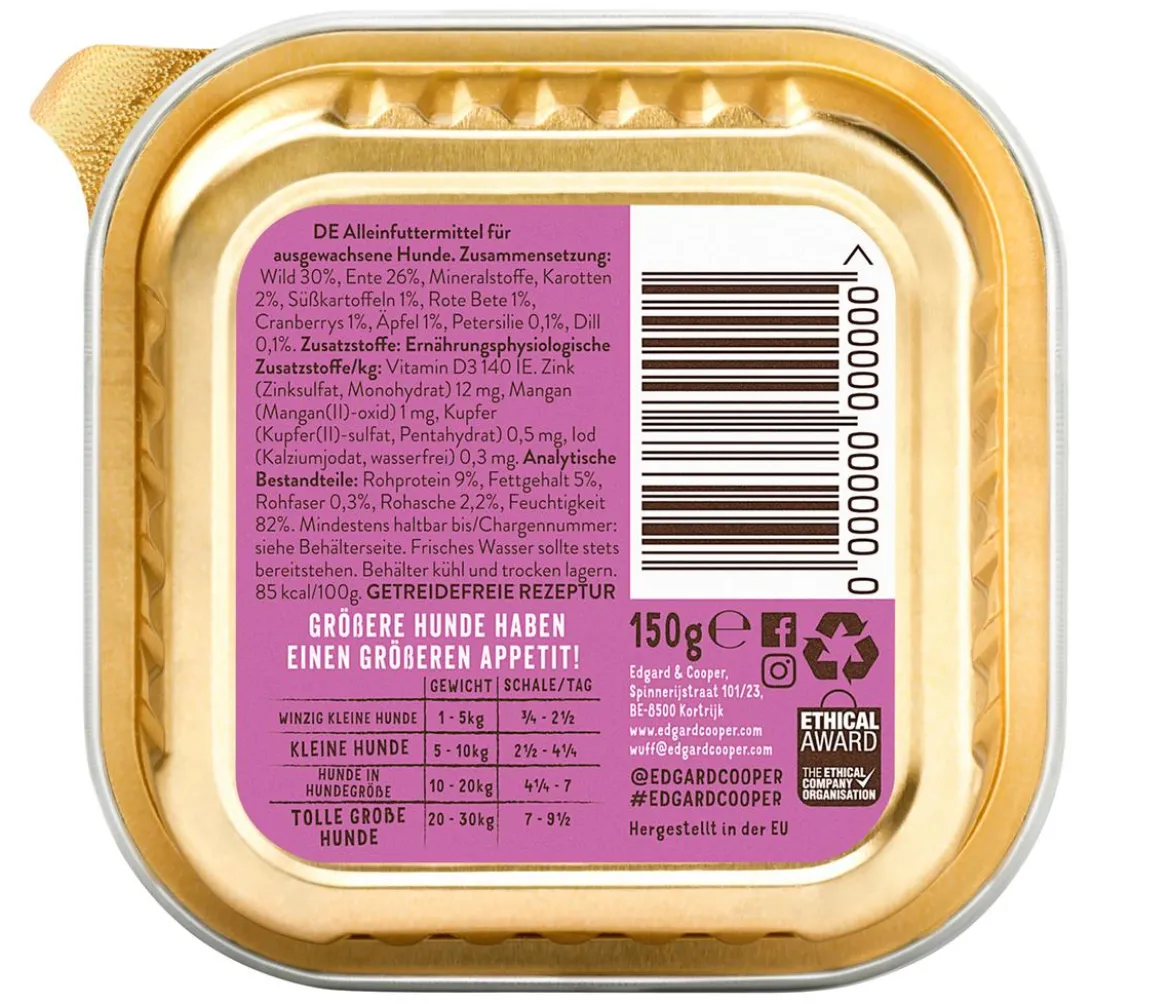Edgard & Cooper Nassfutter für Hunde, Köstliches Wild & Ente Adult, 11 x 150 g