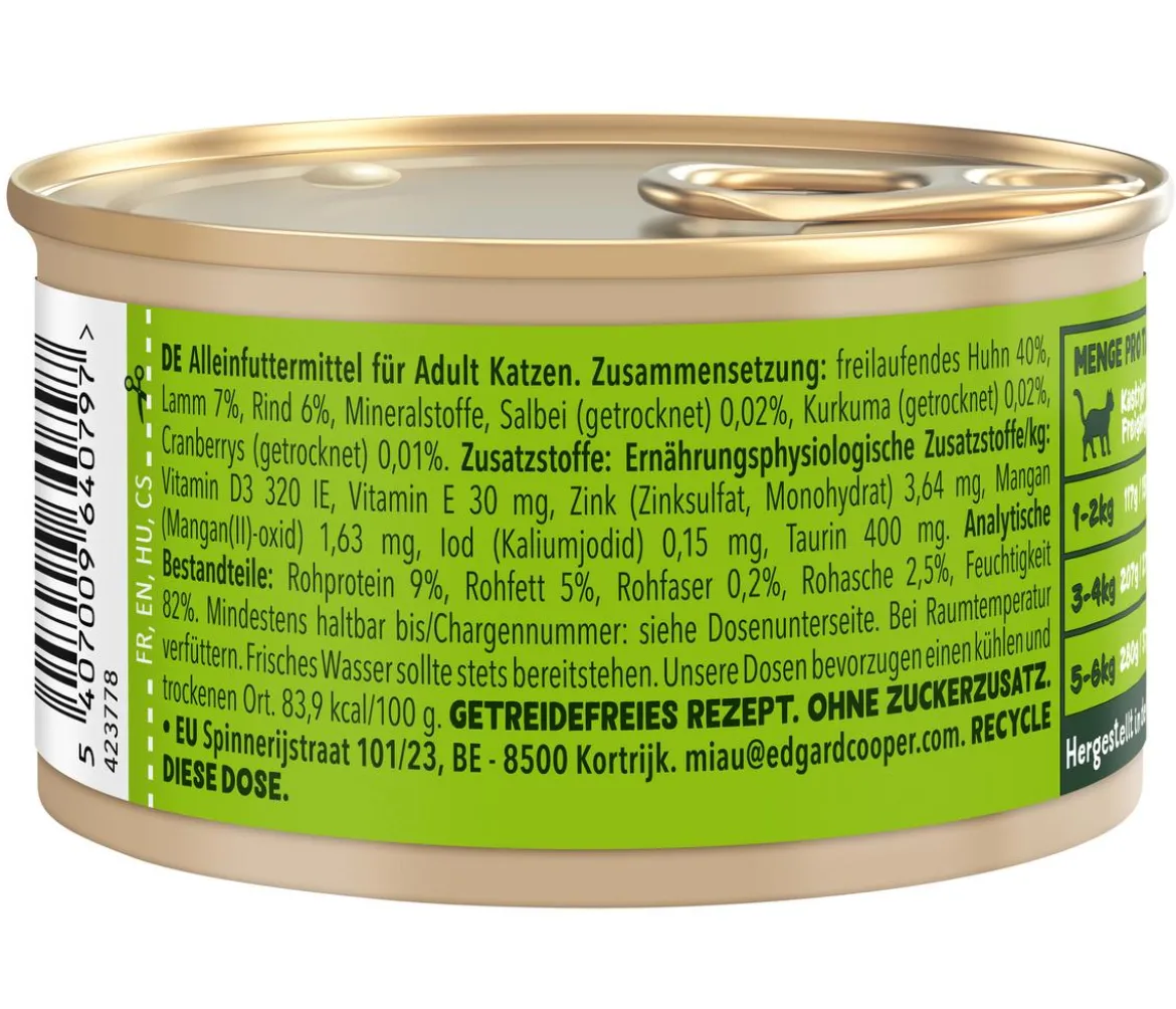 Edgard & Cooper Nassfutter für Katzen Lamm & Freilandhuhn Stückchen in Soße Adult, 18 x 85 g