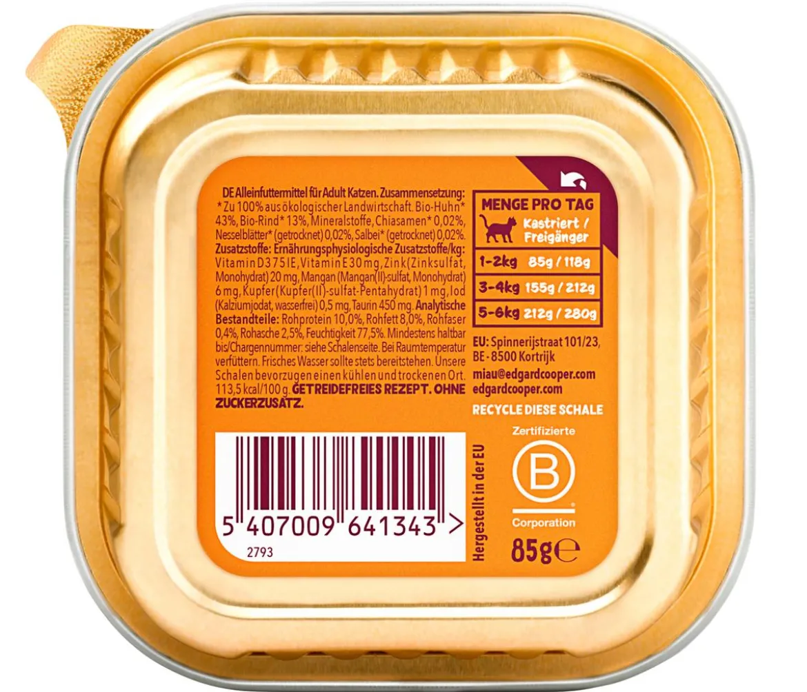 Edgard & Cooper Nassfutter für Katzen Bio Huhn & Rind Paté Adult, 16 x 85 g