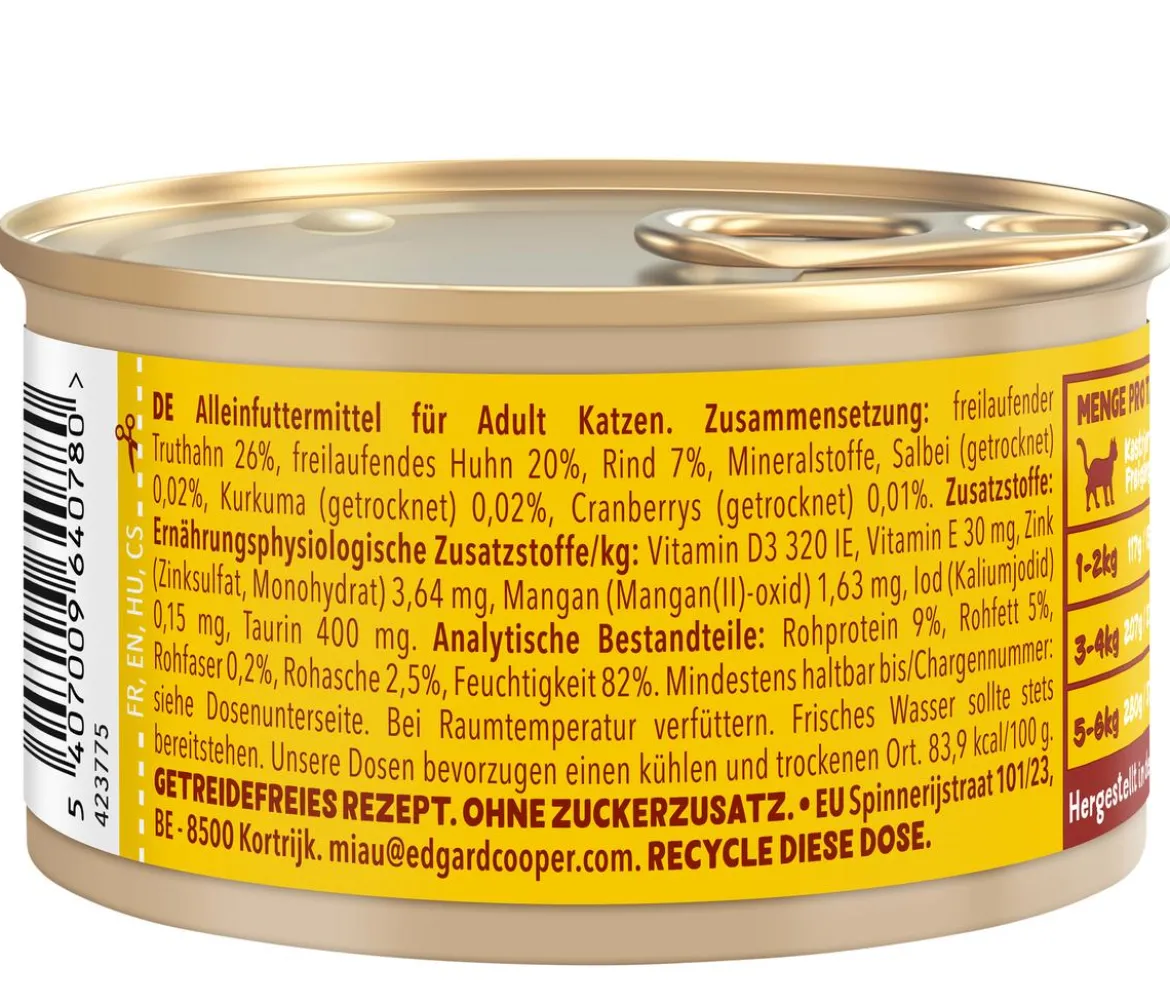 Edgard & Cooper Nassfutter für Katzen Freilauftruthahn & Freilaufhuhn Stückchen in Soße Adult, 18 x 85 g