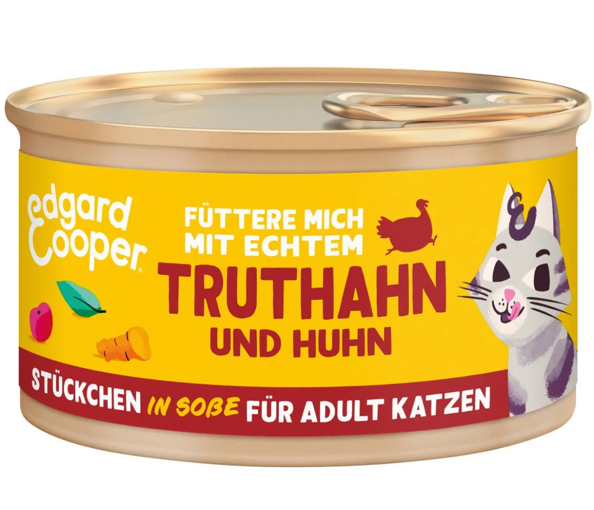 Edgard & Cooper Nassfutter für Katzen Freilauftruthahn & Freilaufhuhn Stückchen in Soße Adult, 18 x 85 g