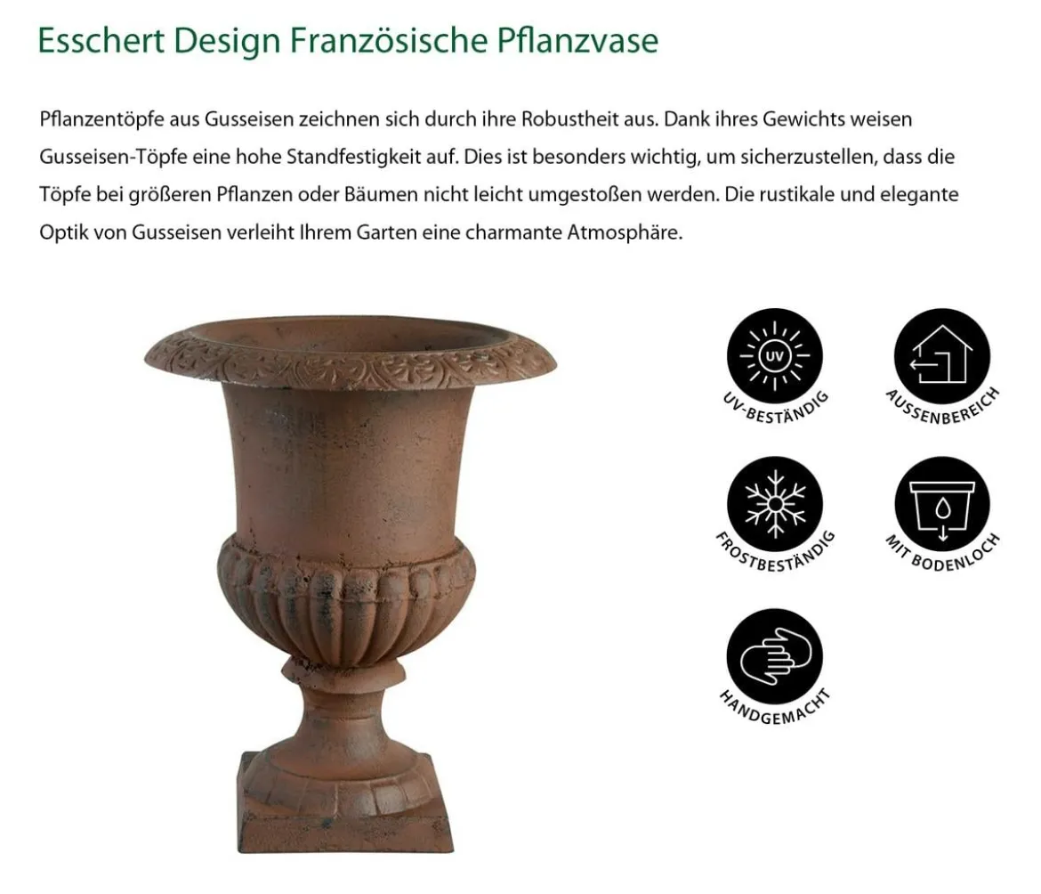 Esschert Design Französische Pflanzvase aus Gusseisen, dunkelbraun