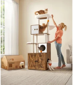 Feandrea Kratzbaum mit Katzenklo-Schrank, braun/weiß, ca. B104/H185/T61 cm
