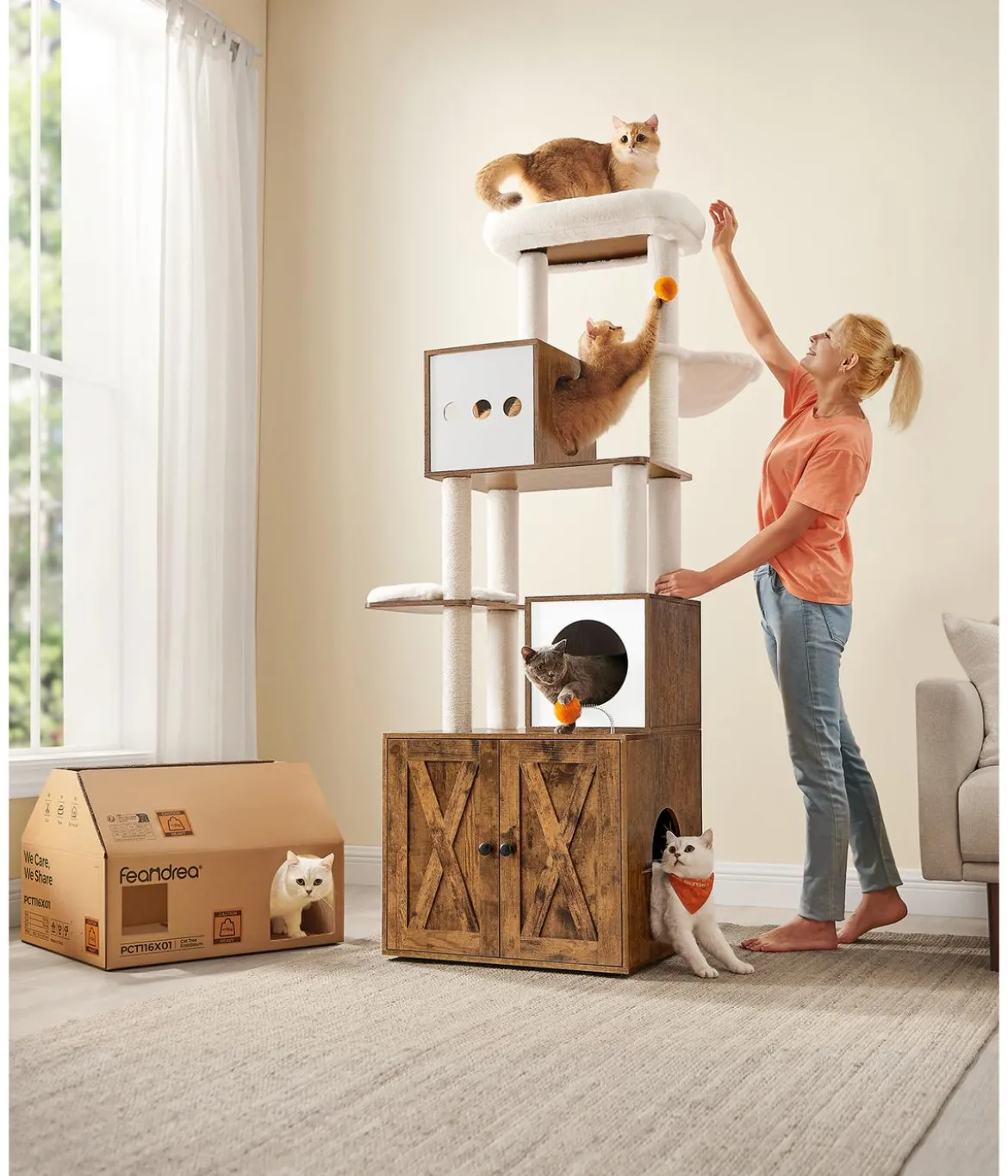 Feandrea Kratzbaum mit Katzenklo-Schrank, braun/weiß, ca. B104/H185/T61 cm