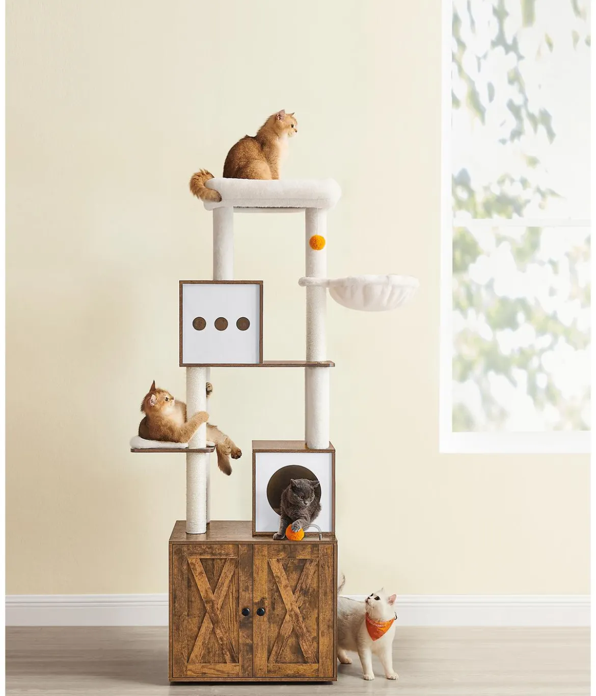 Feandrea Kratzbaum mit Katzenklo-Schrank, braun/weiß, ca. B104/H185/T61 cm