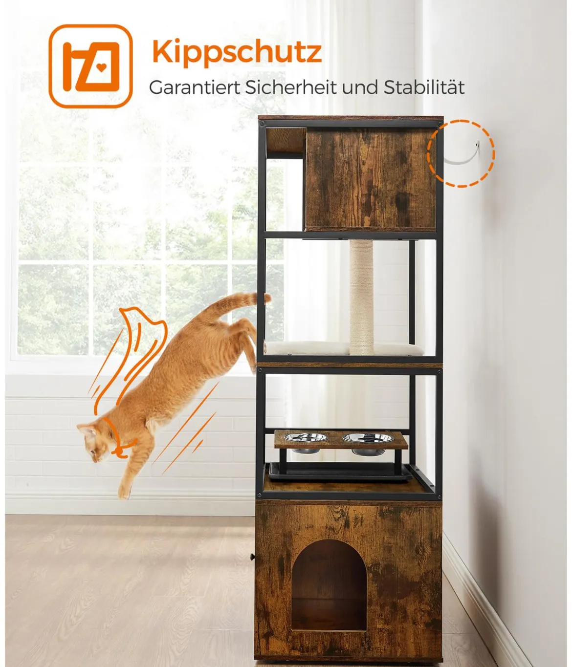 Feandrea Kratzbaum mit Katzenklo-Schrank, braun/weiß, ca. B61/H146/T50 cm