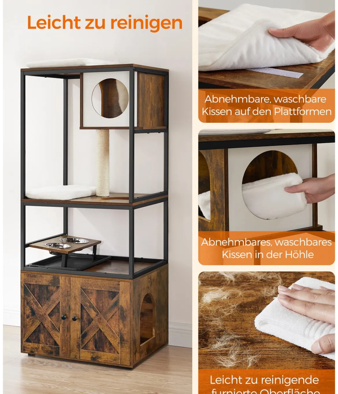 Feandrea Kratzbaum mit Katzenklo-Schrank, braun/weiß, ca. B61/H146/T50 cm