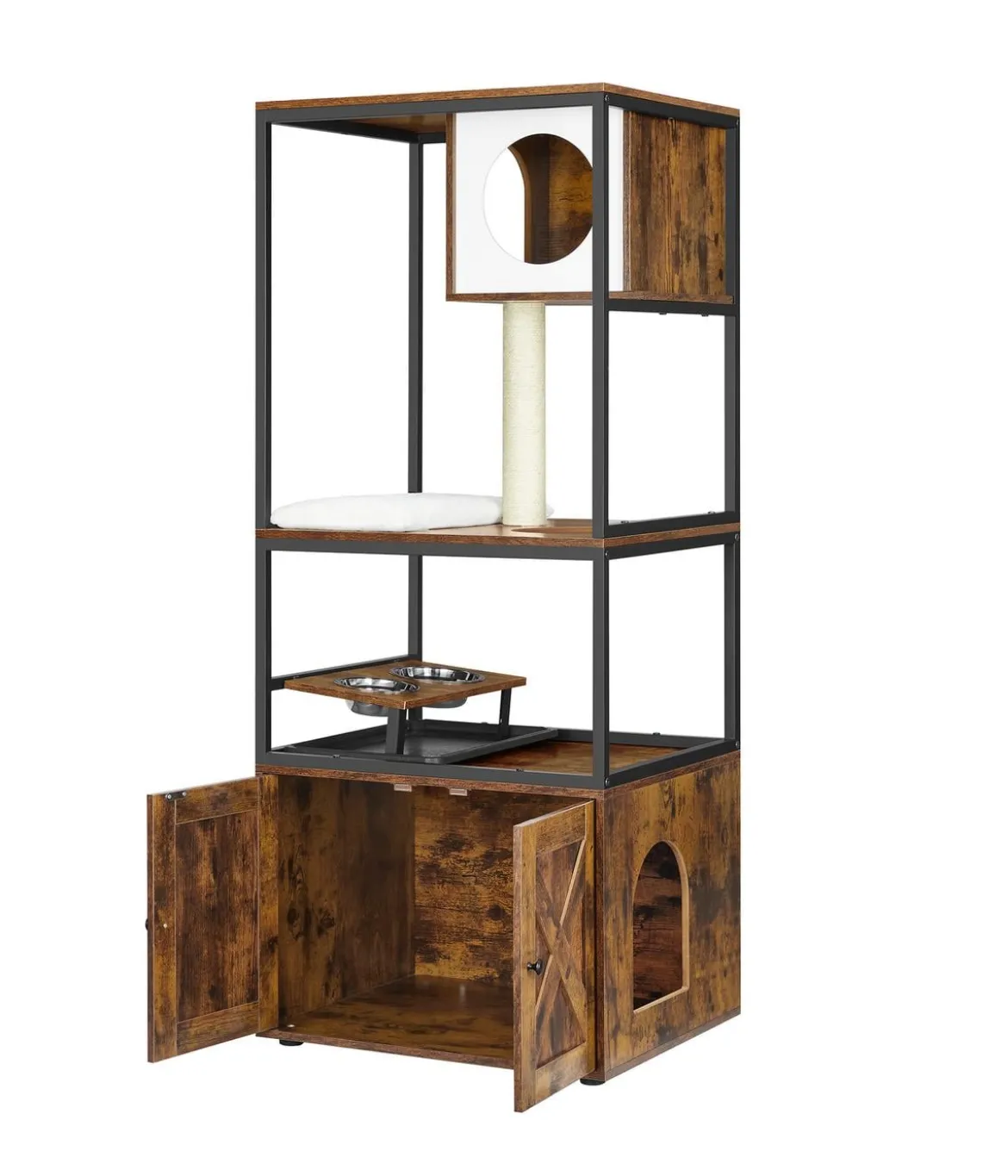 Feandrea Kratzbaum mit Katzenklo-Schrank, braun/weiß, ca. B61/H146/T50 cm