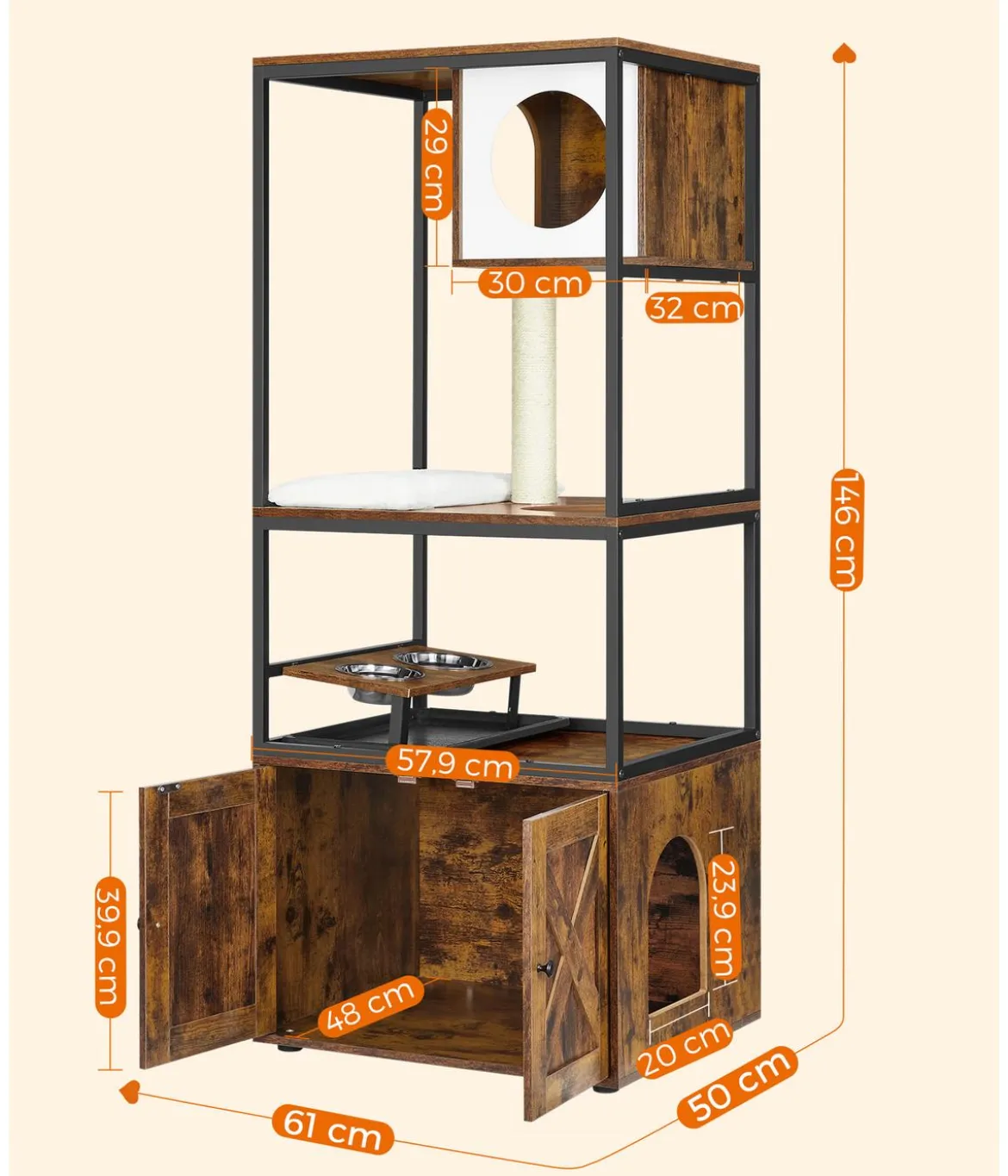 Feandrea Kratzbaum mit Katzenklo-Schrank, braun/weiß, ca. B61/H146/T50 cm