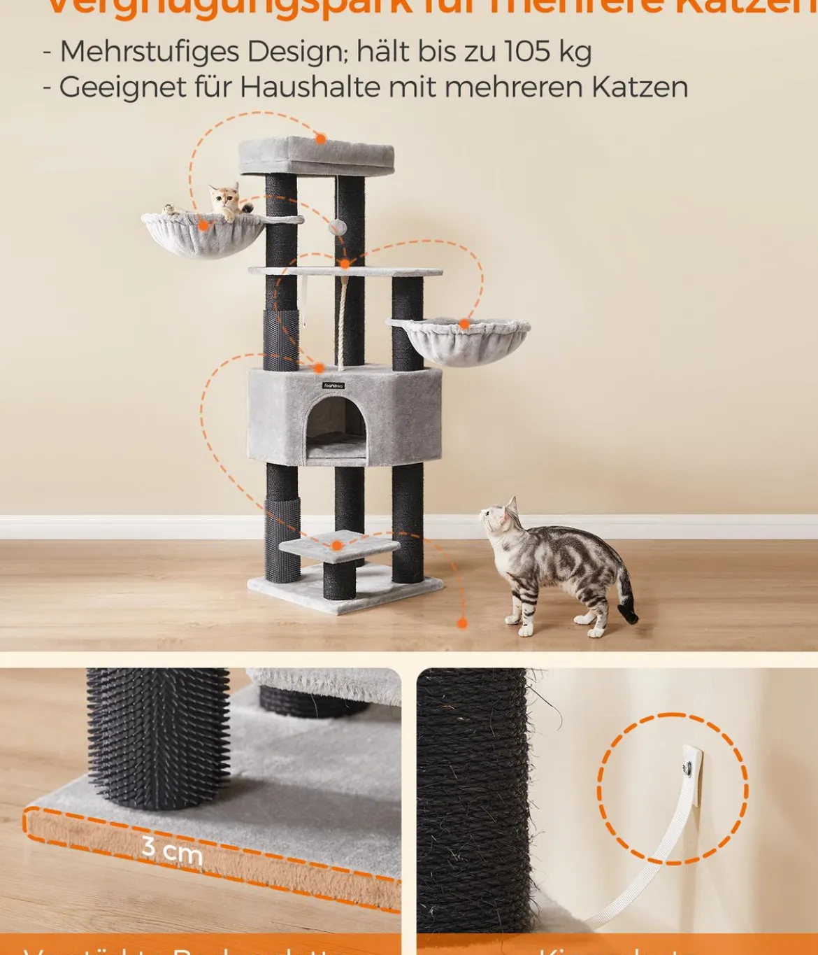 Feandrea Kratzbaum mit selbstwärmenden Decken, grau/schwarz, ca. B50/H160/T50 cm