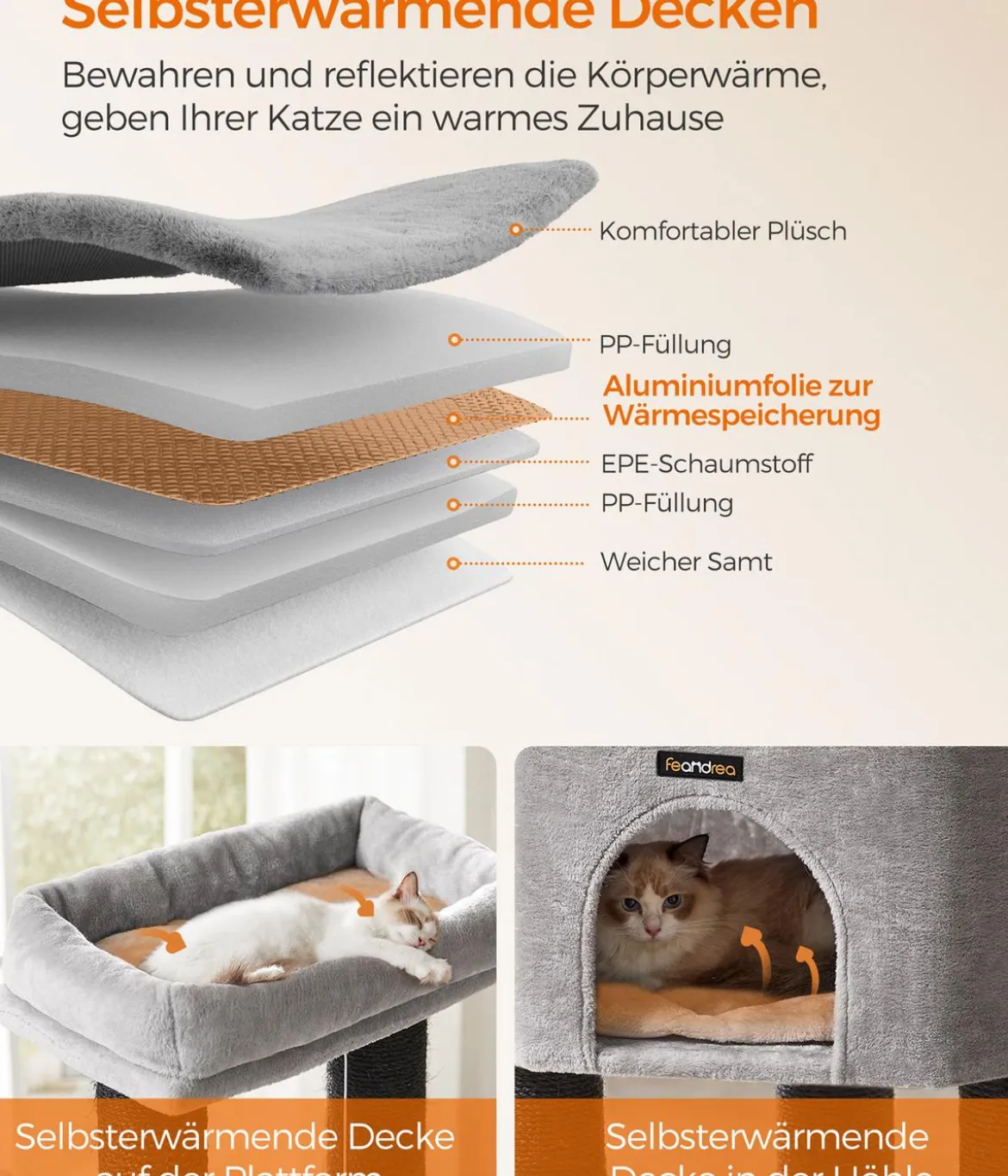 Feandrea Kratzbaum mit selbstwärmenden Decken, grau/schwarz, ca. B50/H160/T50 cm