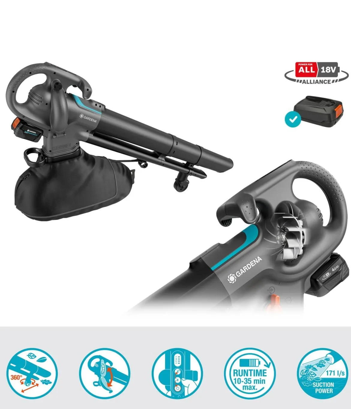 GARDENA Akku-Laubsauger/-Bläser PowerJetCollect 18V P4A Ready-To-Use Set, ca. B40,5/H43/T17,3 cm