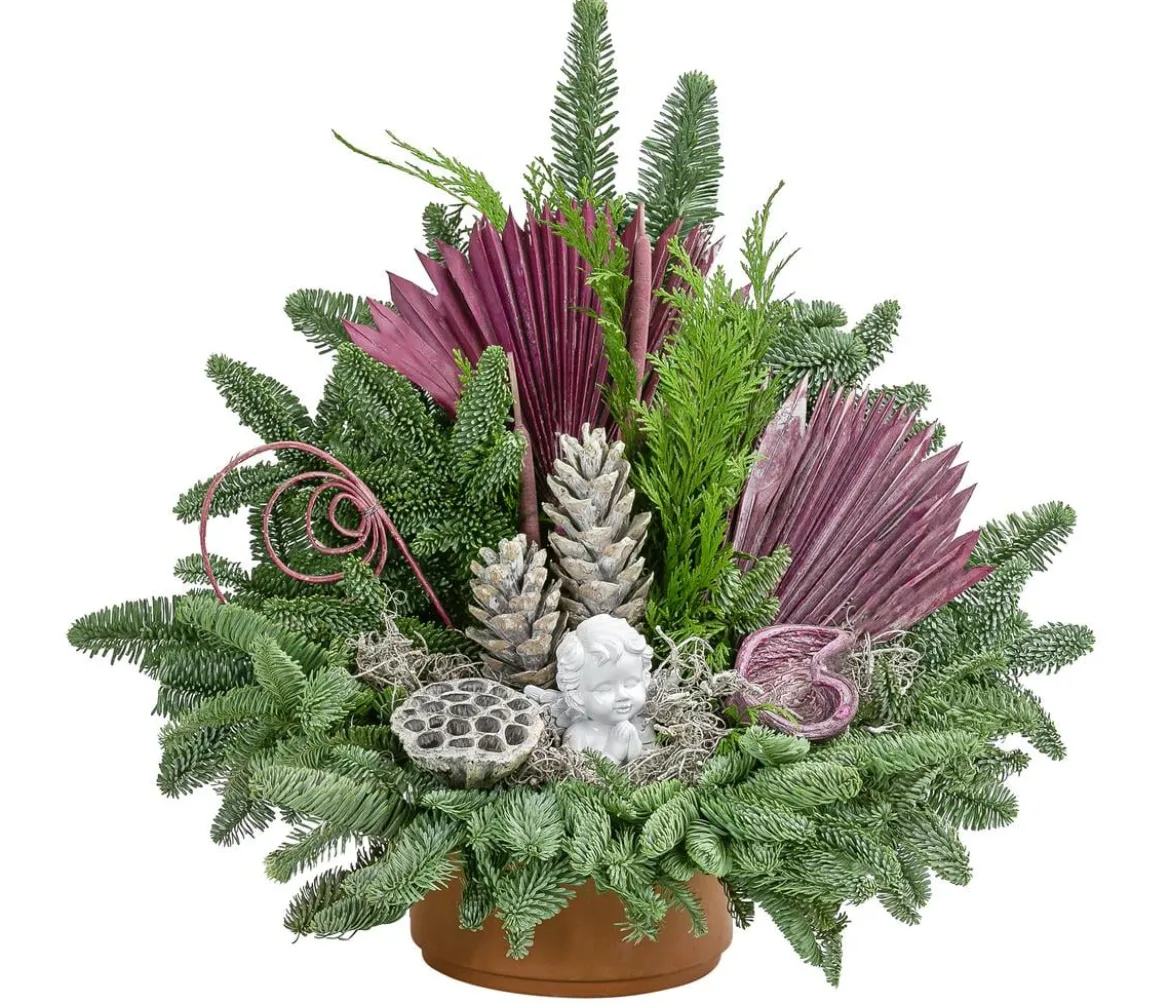 Grabgesteck in Ton-Schale, rosa/weiß, ca. B50/H49/T31 cm