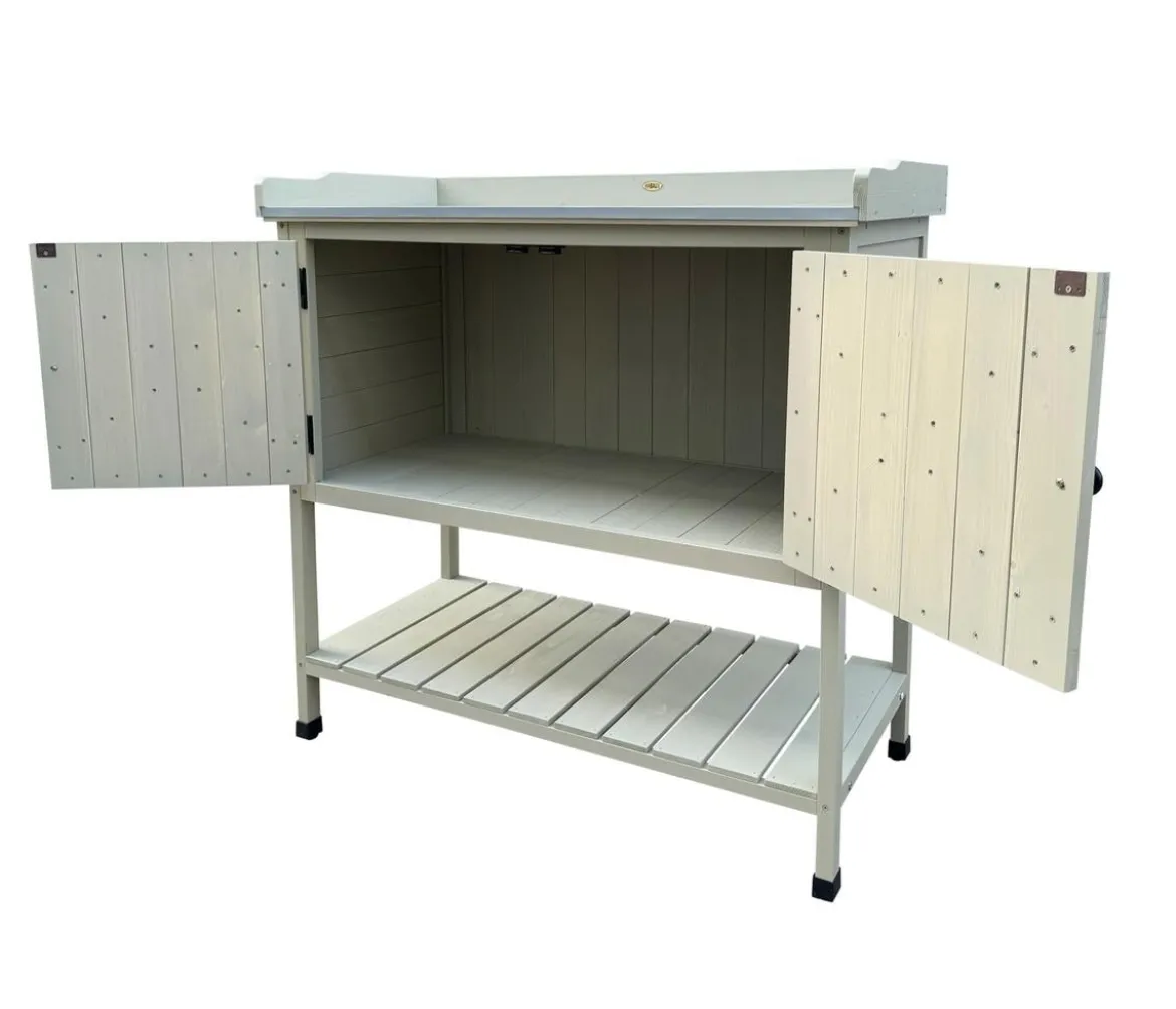 Habau Holz-Pflanztisch mit Unterschrank und Ablage, grau, ca. B98/H97,5/T48 cm