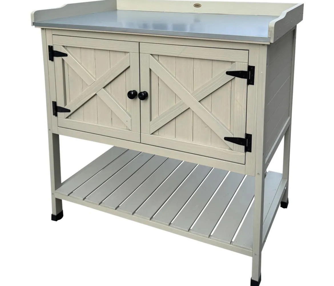 Habau Holz-Pflanztisch mit Unterschrank und Ablage, grau, ca. B98/H97,5/T48 cm