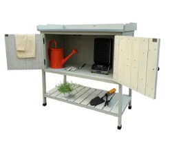 Habau Holz-Pflanztisch mit Unterschrank und Ablage, grau, ca. B98/H97,5/T48 cm