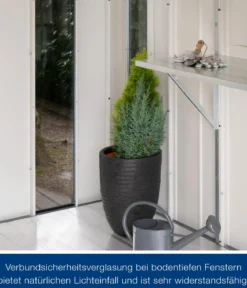 Hörmann Metallgerätehaus Juno JSD9 L-Sk Motiv Design bodentiefes Fenster mit Doppeltür, ca. B285/H227/T237 cm