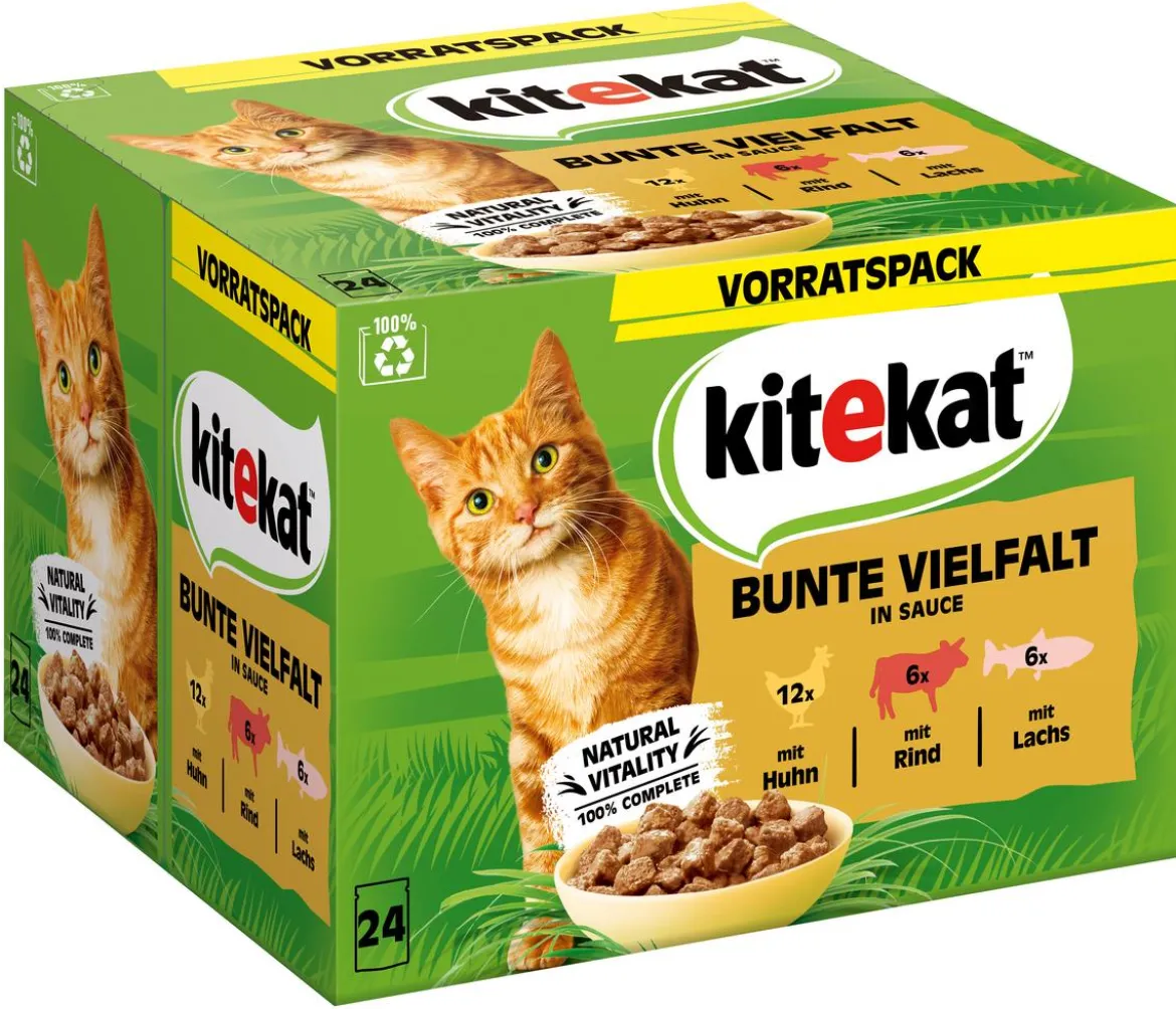 KITEKAT® Nassfutter für Katzen Multipack Bunte Vielfalt in Sauce, Adult, 24 x 85 g