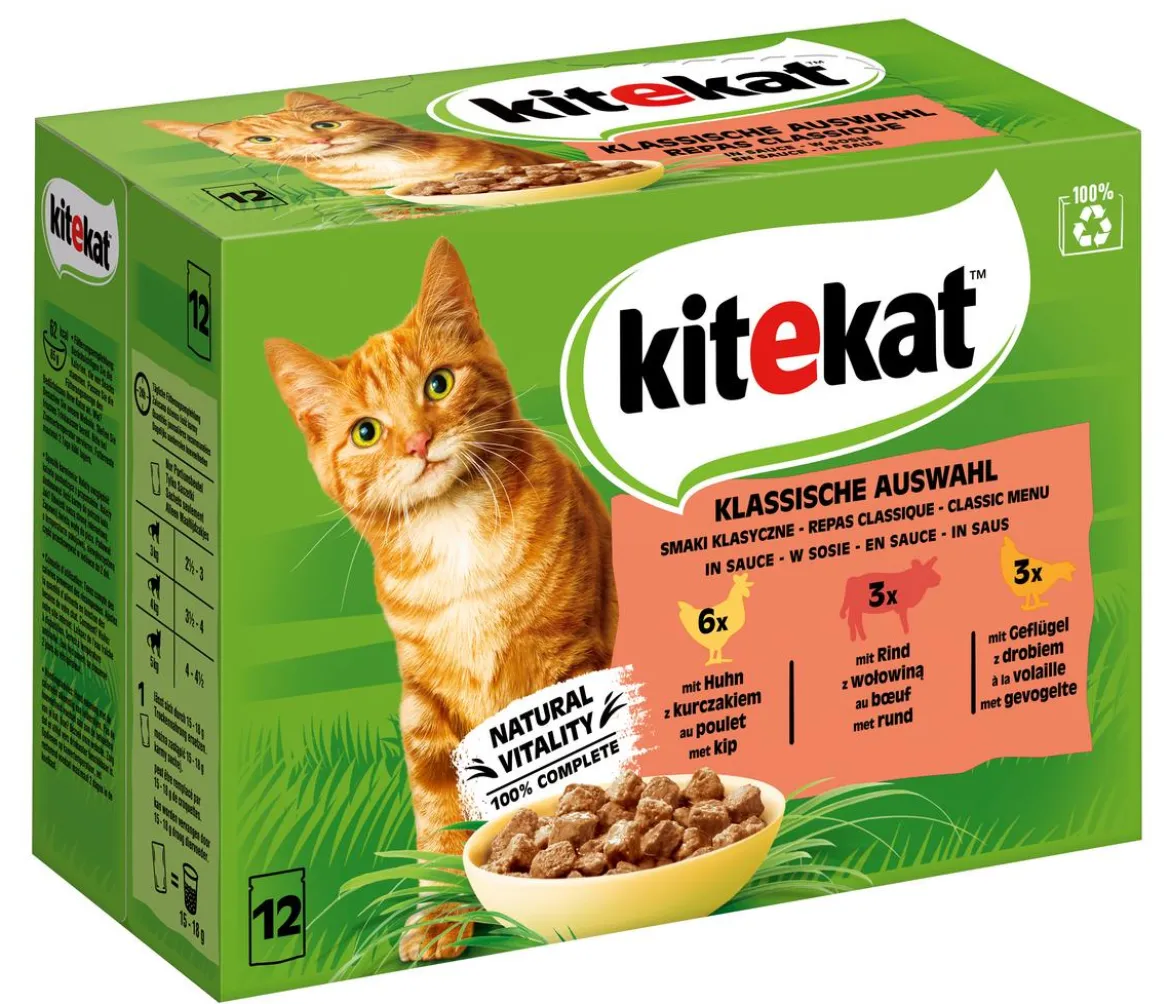 KITEKAT® Nassfutter für Katzen Multipack Klassische Auswahl in Sauce, Adult, 12 x 85 g